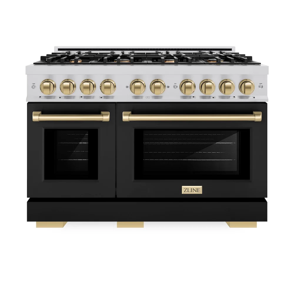 ZLINE Autograph Edition 48 in. 6.7 cu. ft. Select Double Oven Gas Range with 8 Burner Cooktop in Stainless Steel with Black Matte Doors and Champagne Bronze Accents, Open Box-Great Condition - Image 4