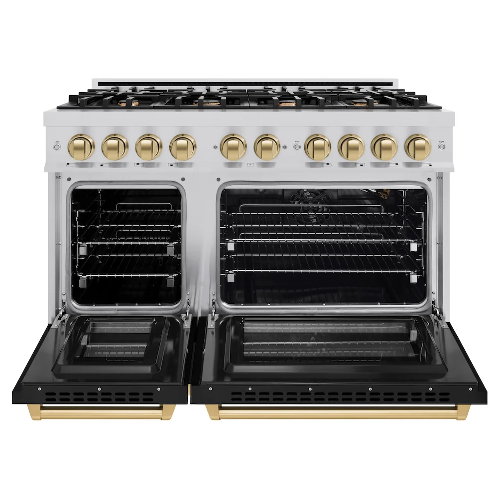 ZLINE Autograph Edition 48 in. 6.7 cu. ft. Select Double Oven Gas Range with 8 Burner Cooktop in Stainless Steel with Black Matte Doors and Champagne Bronze Accents, Open Box-Great Condition - Image 5