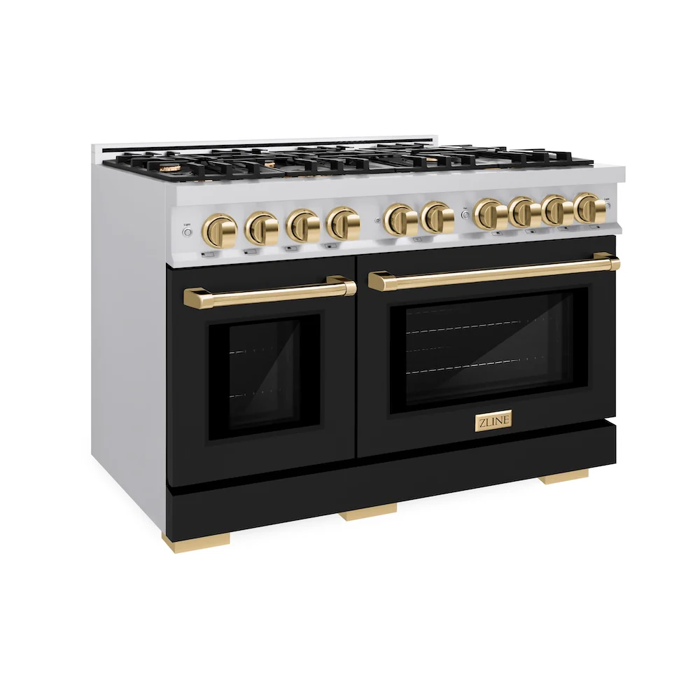 ZLINE Autograph Edition 48 in. 6.7 cu. ft. Select Double Oven Gas Range with 8 Burner Cooktop in Stainless Steel with Black Matte Doors and Polished Gold Accents, Open Box-Great Condition