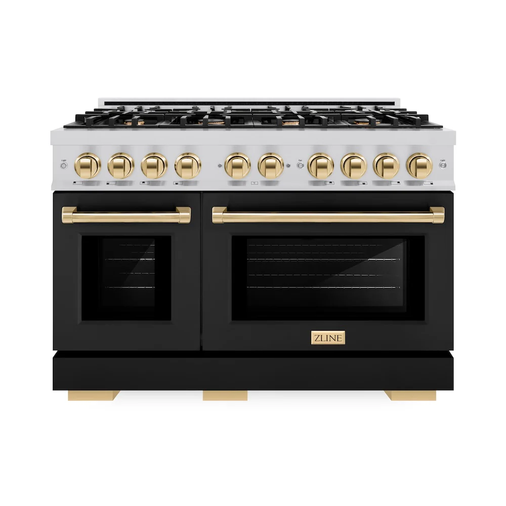 ZLINE Autograph Edition 48 in. 6.7 cu. ft. Select Double Oven Gas Range with 8 Burner Cooktop in Stainless Steel with Black Matte Doors and Polished Gold Accents, Open Box-Great Condition - Image 3