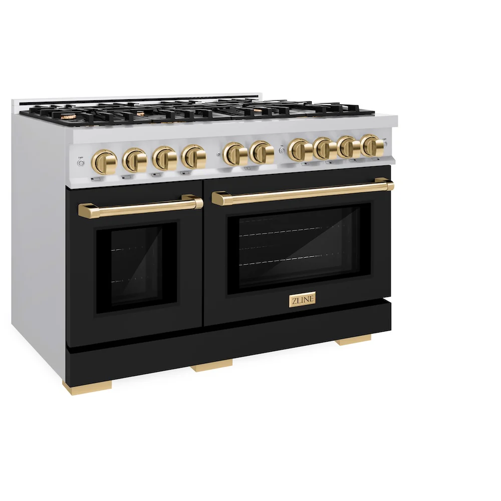 ZLINE Autograph Edition 48 in. 6.7 cu. ft. Select Double Oven Gas Range with 8 Burner Cooktop in Stainless Steel with Black Matte Doors and Polished Gold Accents, Open Box-Great Condition - Image 6