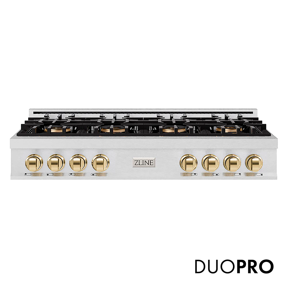 ZLINE Autograph Edition 48 in. Classic Gas Rangetop with 8 Burner DuoPro™ Cooktop in Satin Stainless Steel and Polished Gold Accents, Open Box-Great Condition