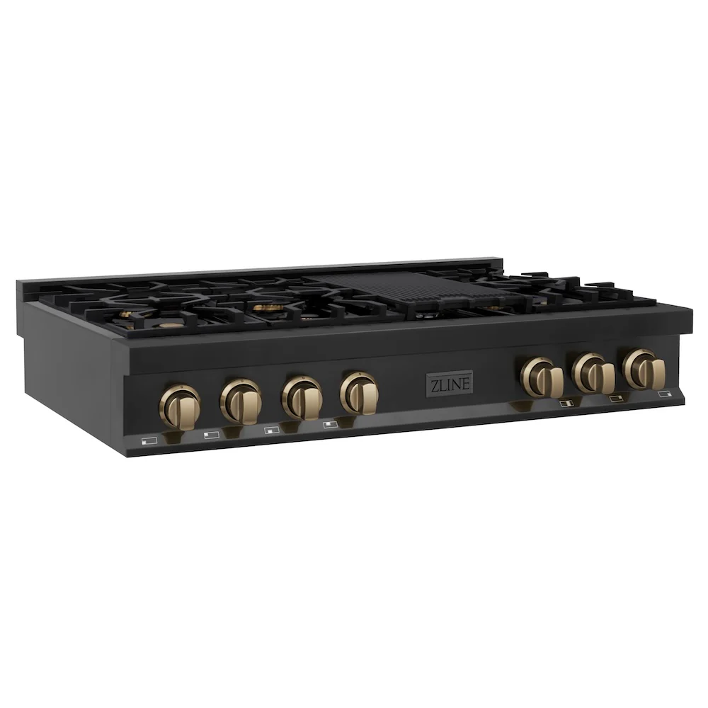 ZLINE Autograph Edition 48 in. Legacy Gas Rangetop with 7 Burners and Porcelain Cooktop in Black Stainless Steel with Champagne Bronze Accents, Open Box-Great Condition