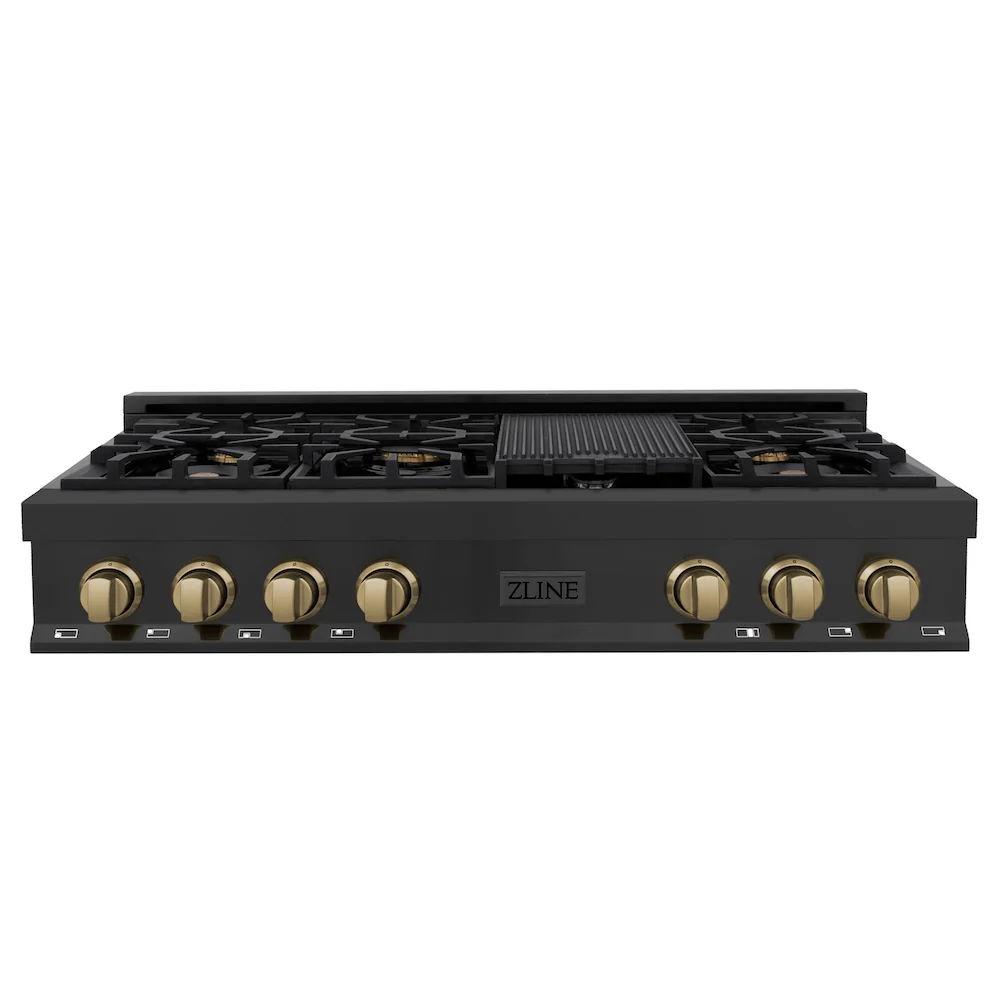 ZLINE Autograph Edition 48 in. Legacy Gas Rangetop with 7 Burners and Porcelain Cooktop in Black Stainless Steel with Champagne Bronze Accents, Open Box-Great Condition - Image 4