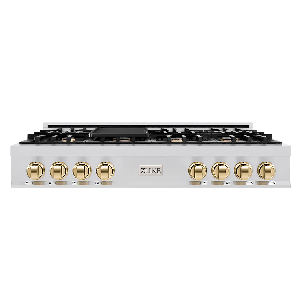 ZLINE Autograph Edition 48 in. Legacy Gas Rangetop with 7 Burners and Porcelain Cooktop in Stainless Steel with Polished Gold Accents, Open Box-Great Condition