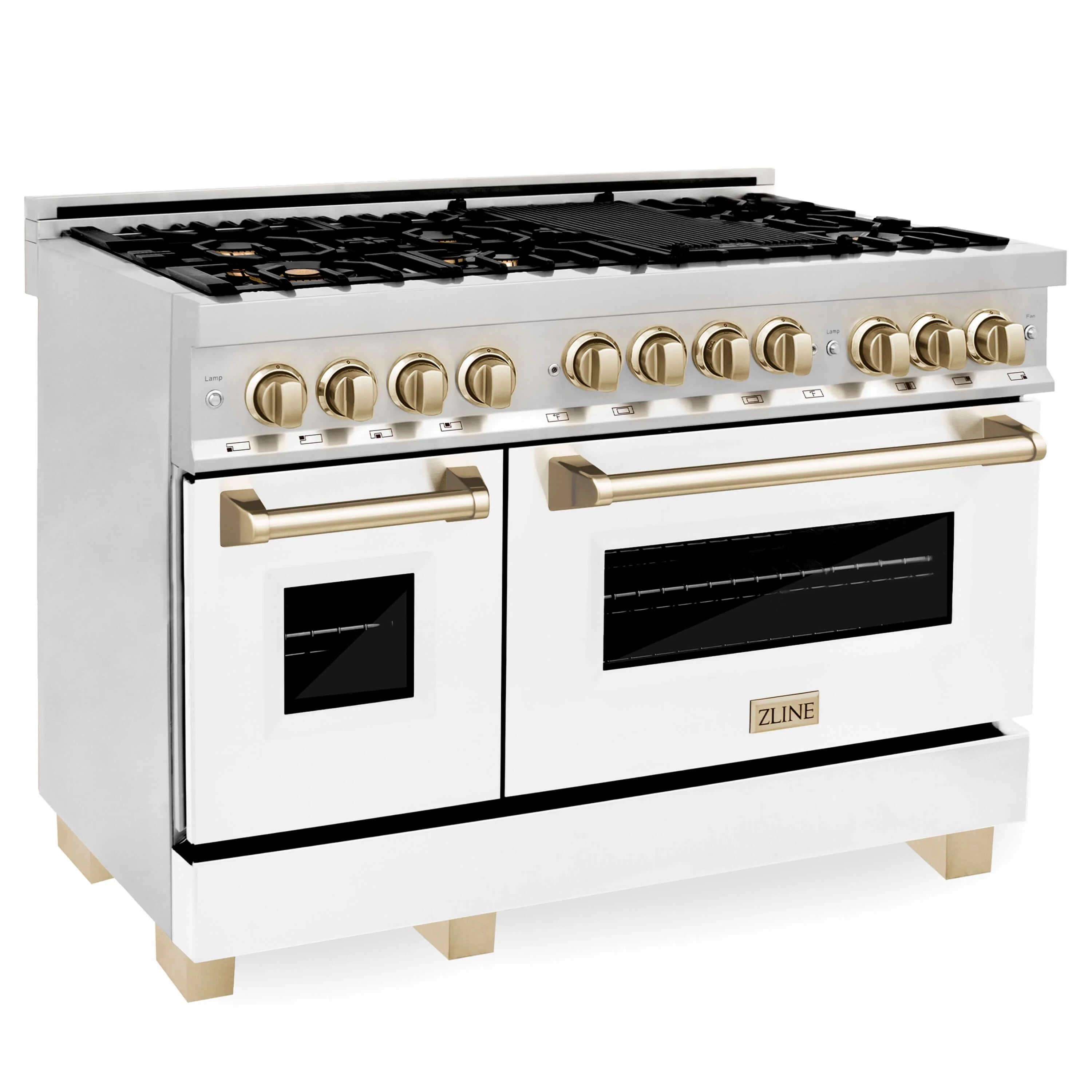 ZLINE Autograph Edition 48 in. Kitchen Package with Stainless Steel Dual Fuel Range with White Matte Door and Range Hood with Polished Gold Accents (2AKP-RAWMRH48-G) - Image 2