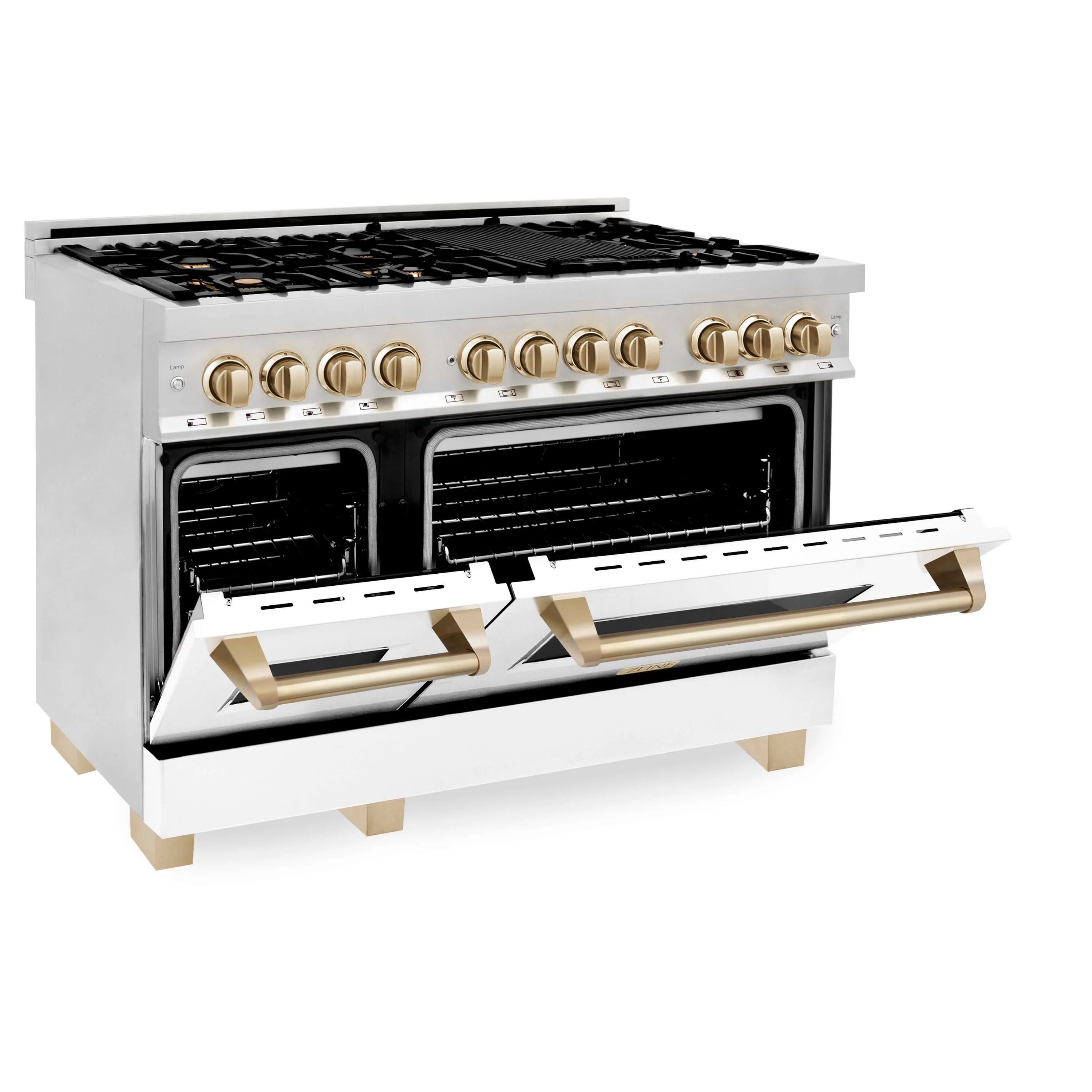 ZLINE Autograph Edition 48 in. Kitchen Package with Stainless Steel Dual Fuel Range with White Matte Door and Range Hood with Polished Gold Accents (2AKP-RAWMRH48-G) - Image 4