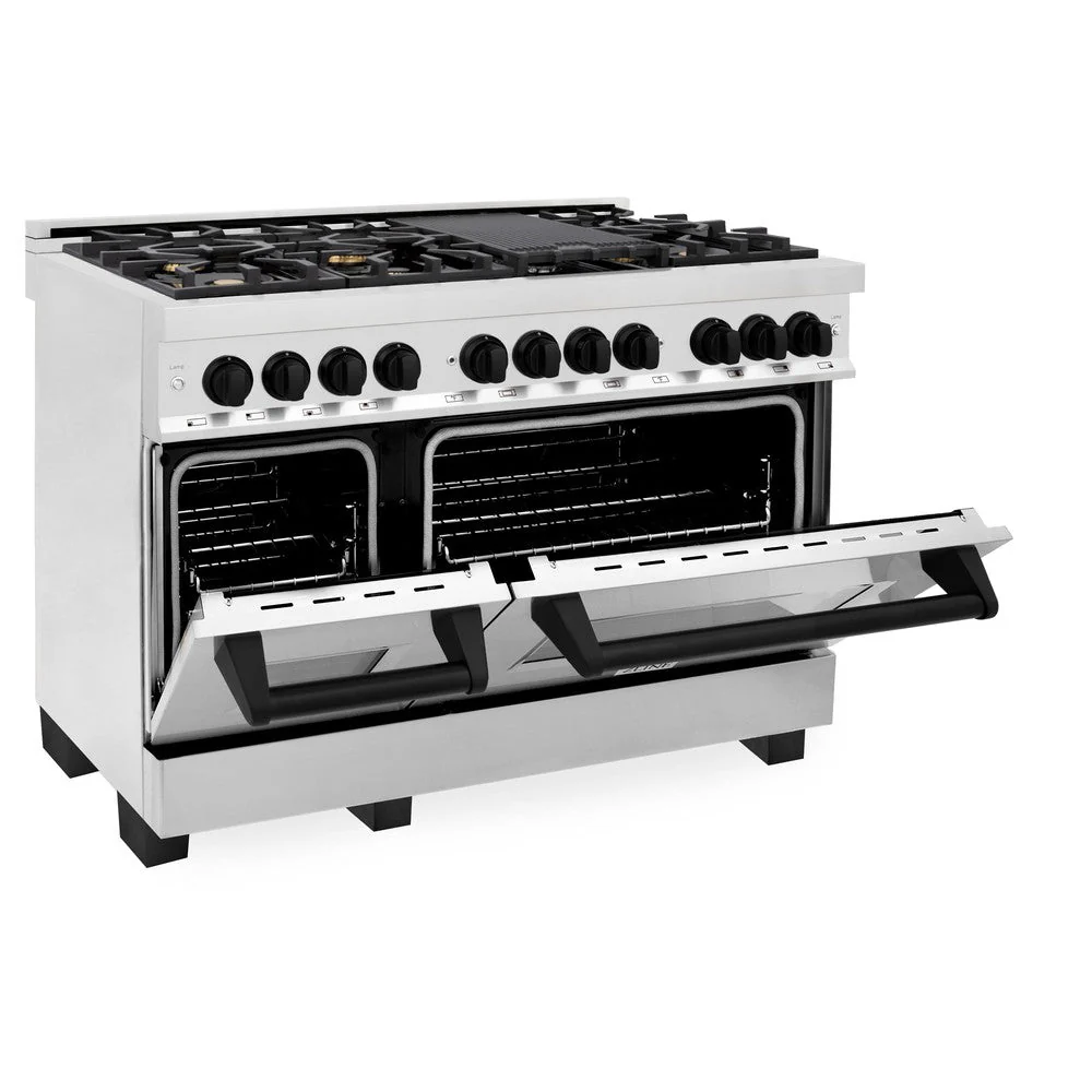 ZLINE Autograph Edition 48 in. Kitchen Package with Stainless Steel Dual Fuel Range, Range Hood, Dishwasher and Refrigeration Including External Water Dispenser with Matte Black Accents (4AKPR-RARHDWM48-MB) - Image 5