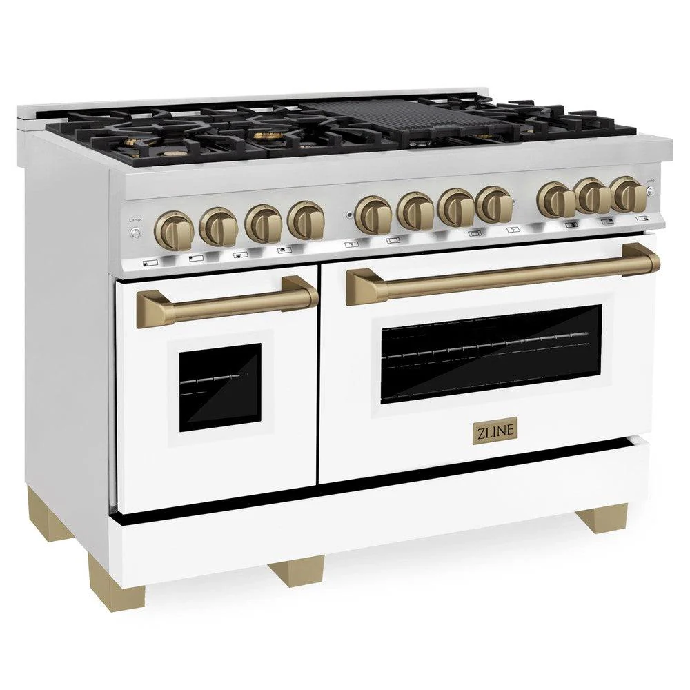 ZLINE Autograph Edition 48 in. Kitchen Package with Stainless Steel Dual Fuel Range with White Matte Door and Range Hood with Champagne Bronze Accents (2AKP-RAWMRH48-CB) - Image 2