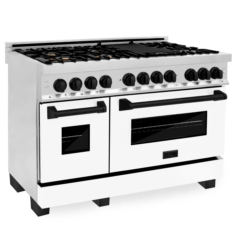 ZLINE Autograph Edition 48 in. Kitchen Package with Stainless Steel Dual Fuel Range with White Matte Door and Range Hood with Matte Black Accents (2AKP-RAWMRH48-MB) - Image 2