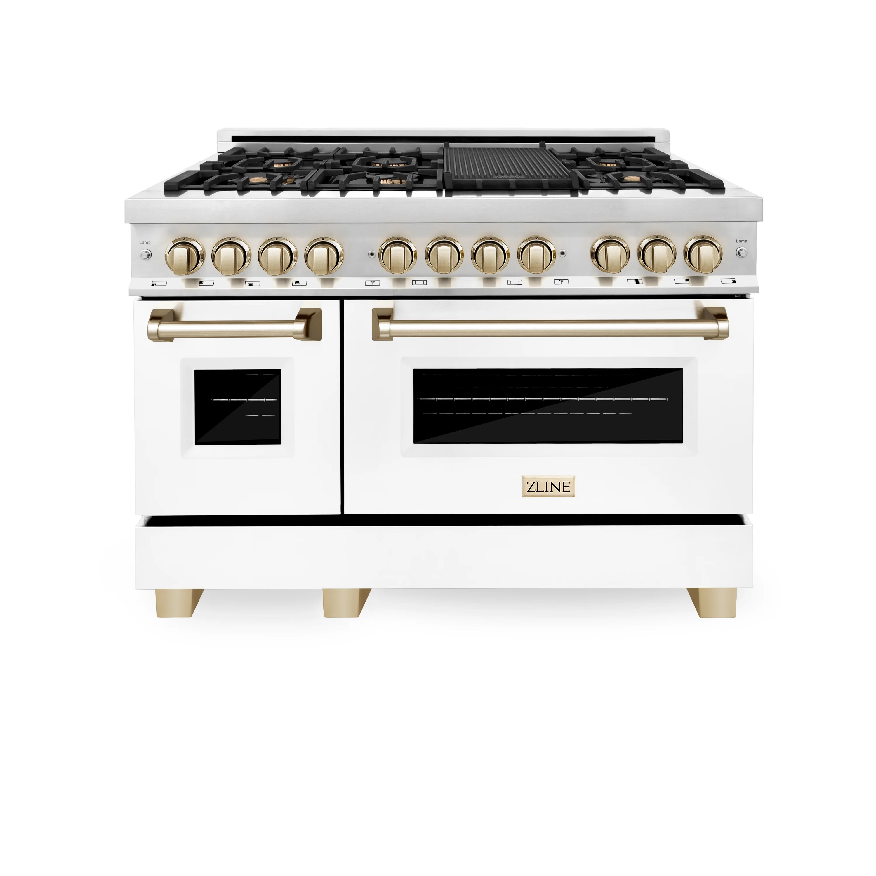 ZLINE 48 in. Autograph Edition Kitchen Package with Stainless Steel Dual Fuel Range with White Matte Door, Range Hood and Dishwasher with Polished Gold  Accents (3AKP-RAWMRHDWM48-G) - Image 2