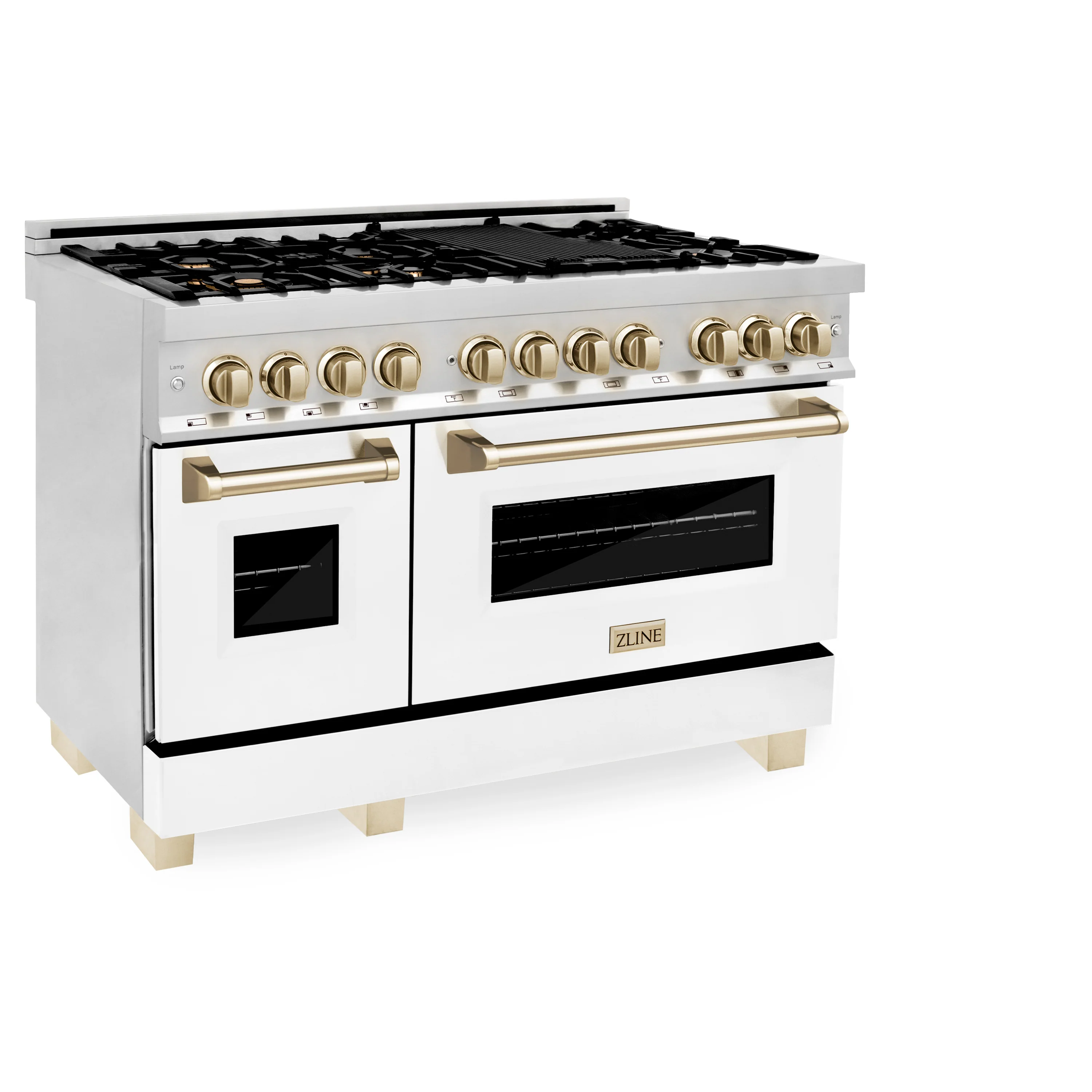 ZLINE 48 in. Autograph Edition Kitchen Package with Stainless Steel Dual Fuel Range with White Matte Door, Range Hood and Dishwasher with Polished Gold  Accents (3AKP-RAWMRHDWM48-G) - Image 4