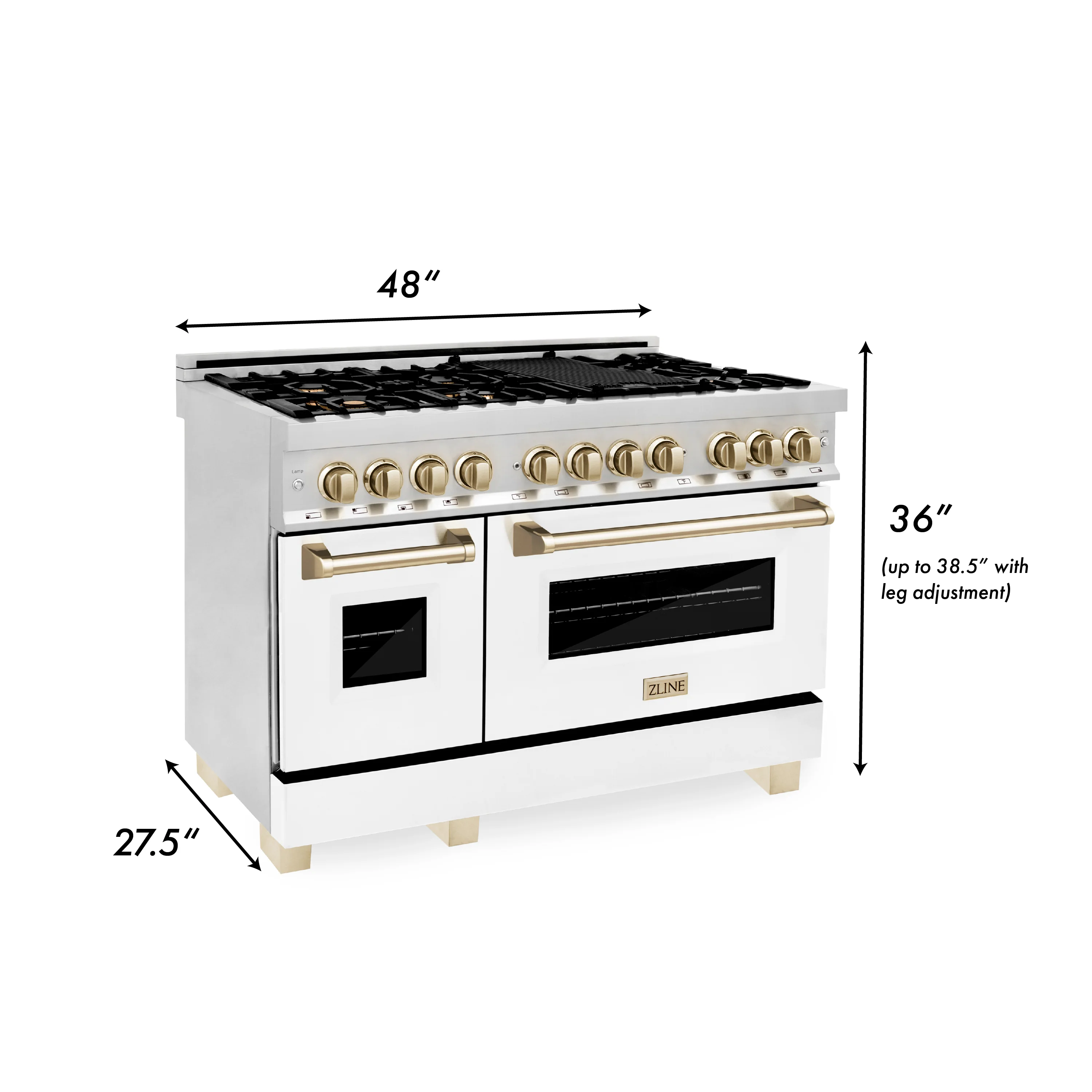ZLINE 48 in. Autograph Edition Kitchen Package with Stainless Steel Dual Fuel Range with White Matte Door, Range Hood and Dishwasher with Polished Gold  Accents (3AKP-RAWMRHDWM48-G) - Image 7