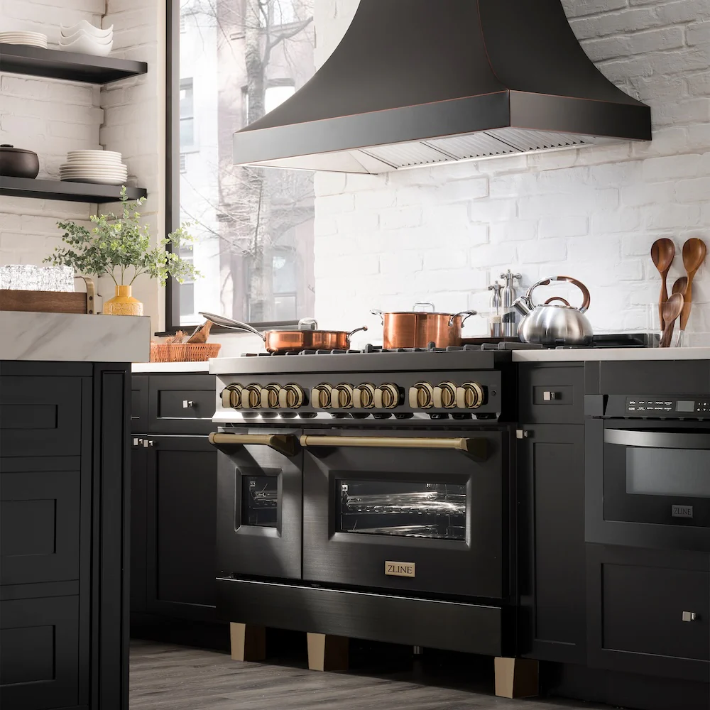 ZLINE Autograph Edition 48 in. 6.0 cu. ft. Legacy Dual Fuel Range with 7 Burner Gas Cooktop and 2 Electric Ovens in Black Stainless Steel and Champagne Bronze Accents (RABZ-48-CB) - Image 15