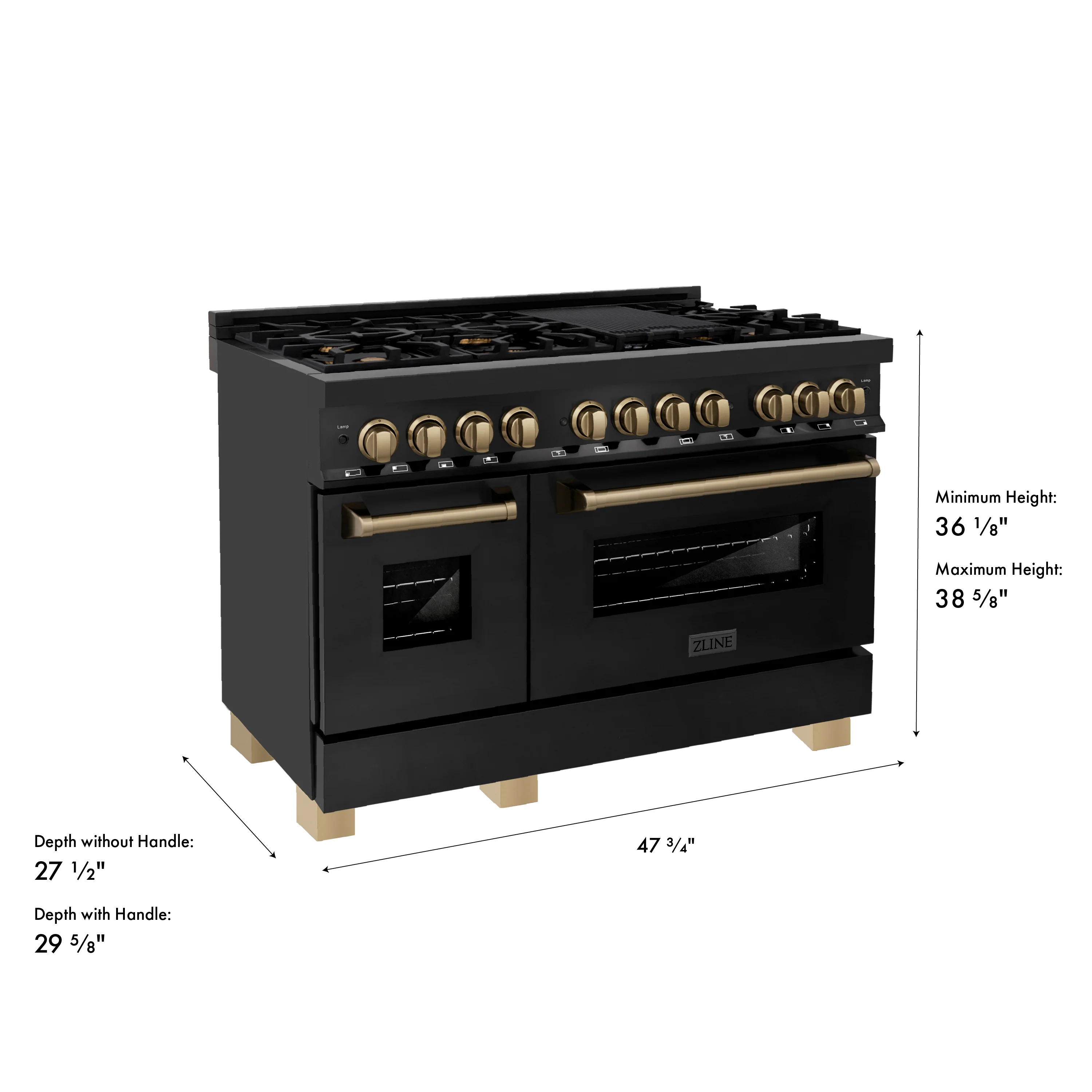 ZLINE Autograph Edition 48 in. 6.0 cu. ft. Legacy Dual Fuel Range with 7 Burner Gas Cooktop and 2 Electric Ovens in Black Stainless Steel and Champagne Bronze Accents (RABZ-48-CB) - Image 16