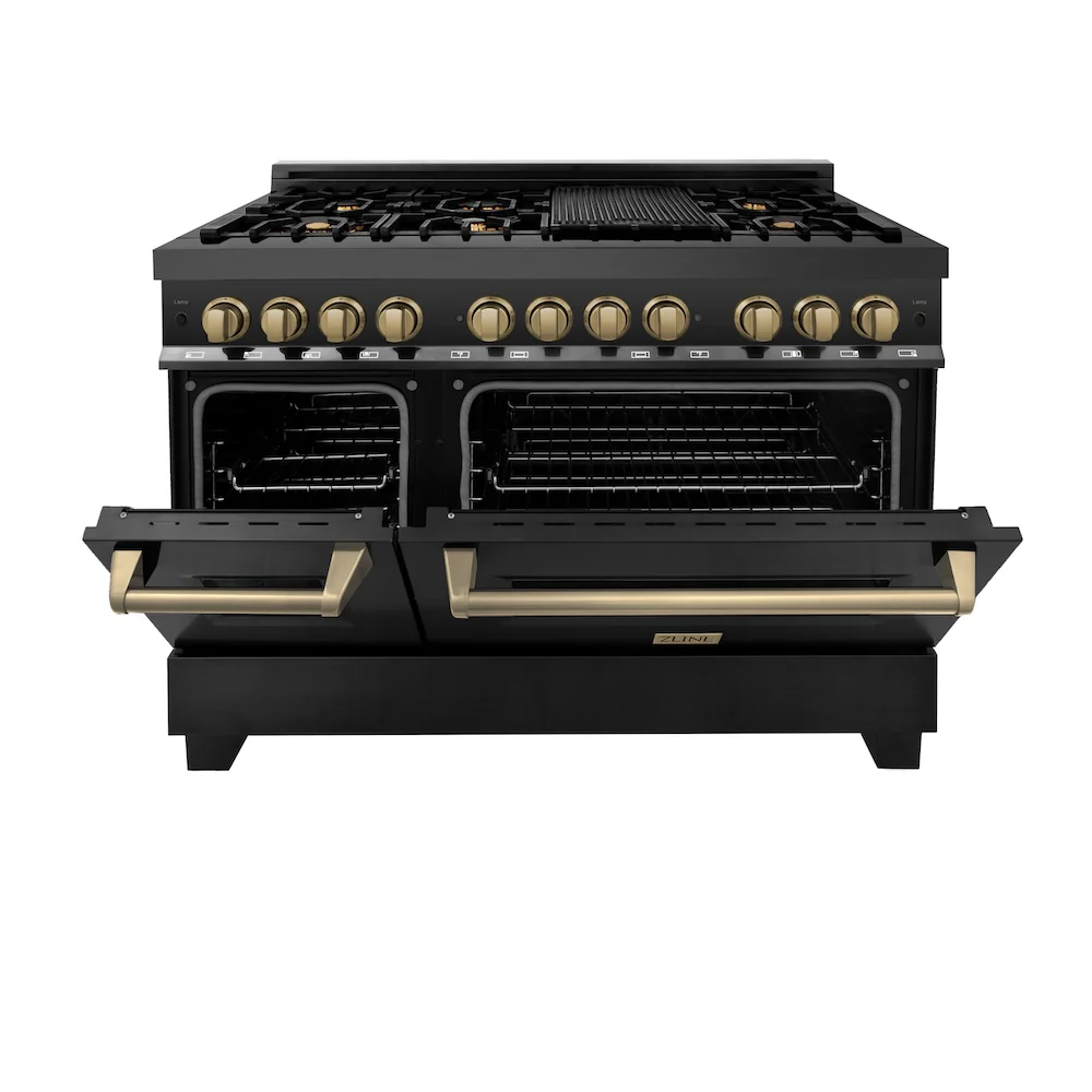 ZLINE Autograph Edition 48 in. 6.0 cu. ft. Legacy Dual Fuel Range with 7 Burner Gas Cooktop and 2 Electric Ovens in Black Stainless Steel and Champagne Bronze Accents (RABZ-48-CB) - Image 5