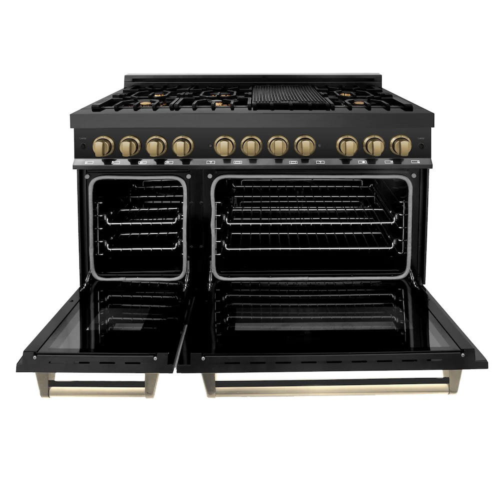 ZLINE Autograph Edition 48 in. 6.0 cu. ft. Legacy Dual Fuel Range with 7 Burner Gas Cooktop and 2 Electric Ovens in Black Stainless Steel and Champagne Bronze Accents (RABZ-48-CB) - Image 6