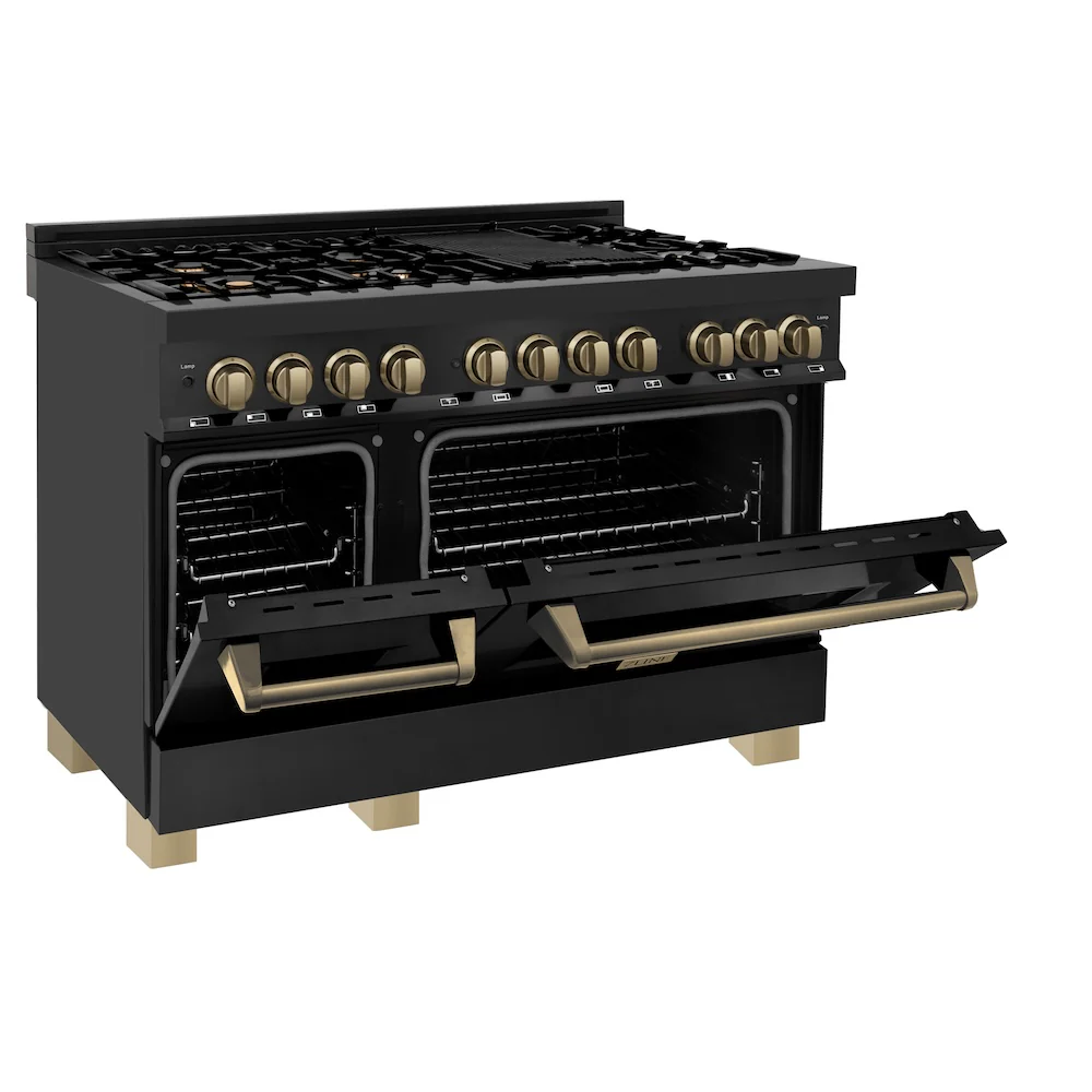 ZLINE Autograph Edition 48 in. 6.0 cu. ft. Legacy Dual Fuel Range with 7 Burner Gas Cooktop and 2 Electric Ovens in Black Stainless Steel and Champagne Bronze Accents (RABZ-48-CB) - Image 7