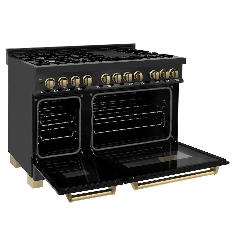 ZLINE Autograph Edition 48 in. 6.0 cu. ft. Legacy Dual Fuel Range with 7 Burner Gas Cooktop and 2 Electric Ovens in Black Stainless Steel and Champagne Bronze Accents (RABZ-48-CB) - Image 8