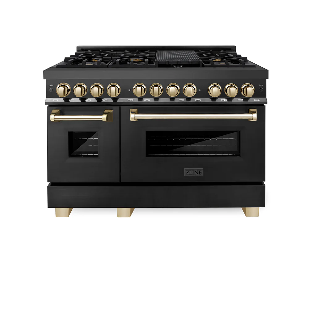 ZLINE Autograph Edition 48 in. 6.0 cu. ft. Legacy Dual Fuel Range with 7 Burner Gas Cooktop and 2 Electric Ovens in Black Stainless Steel and Polished Gold Accents (RABZ-48-G) - Image 3