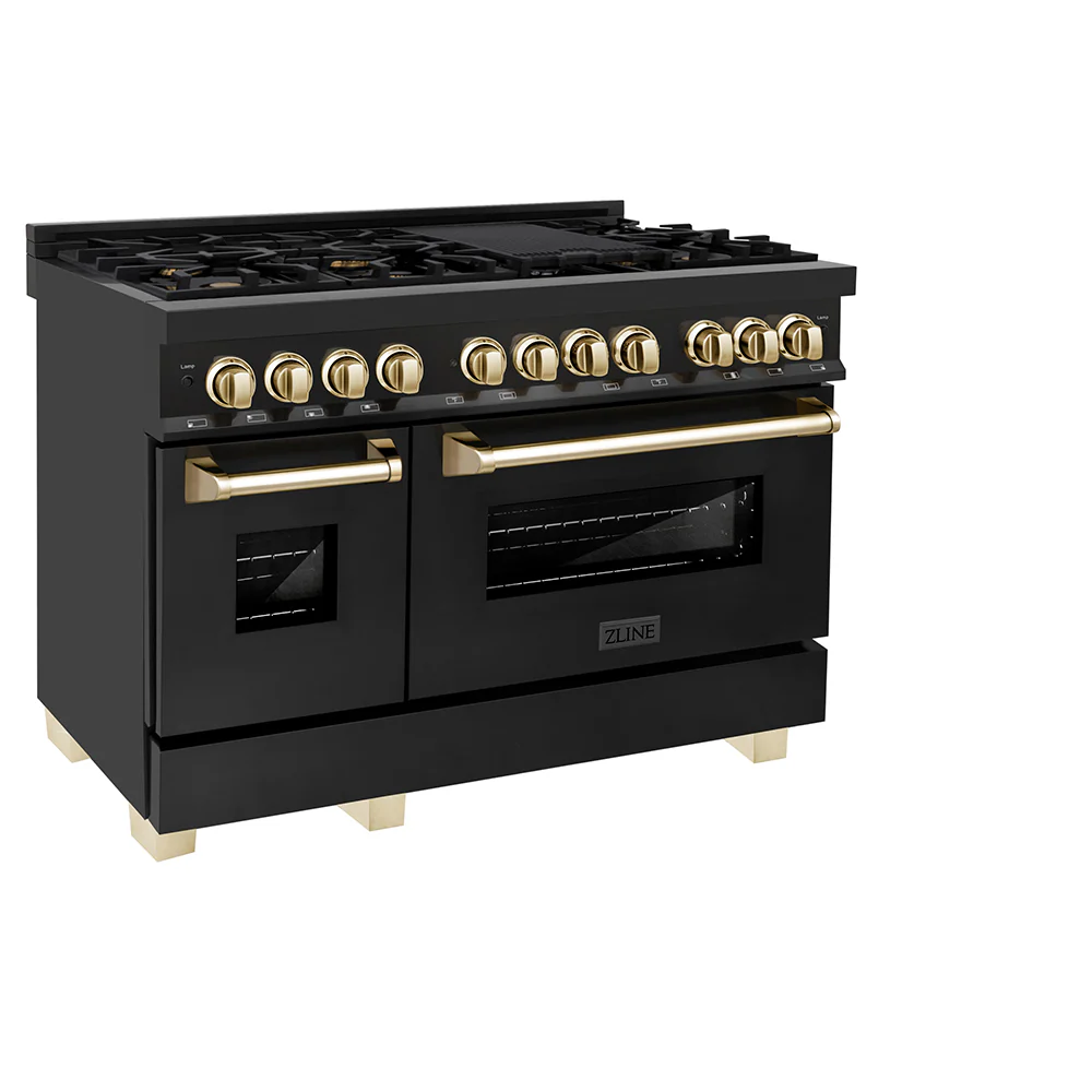 ZLINE Autograph Edition 48 in. 6.0 cu. ft. Legacy Dual Fuel Range with 7 Burner Gas Cooktop and 2 Electric Ovens in Black Stainless Steel and Polished Gold Accents (RABZ-48-G) - Image 4