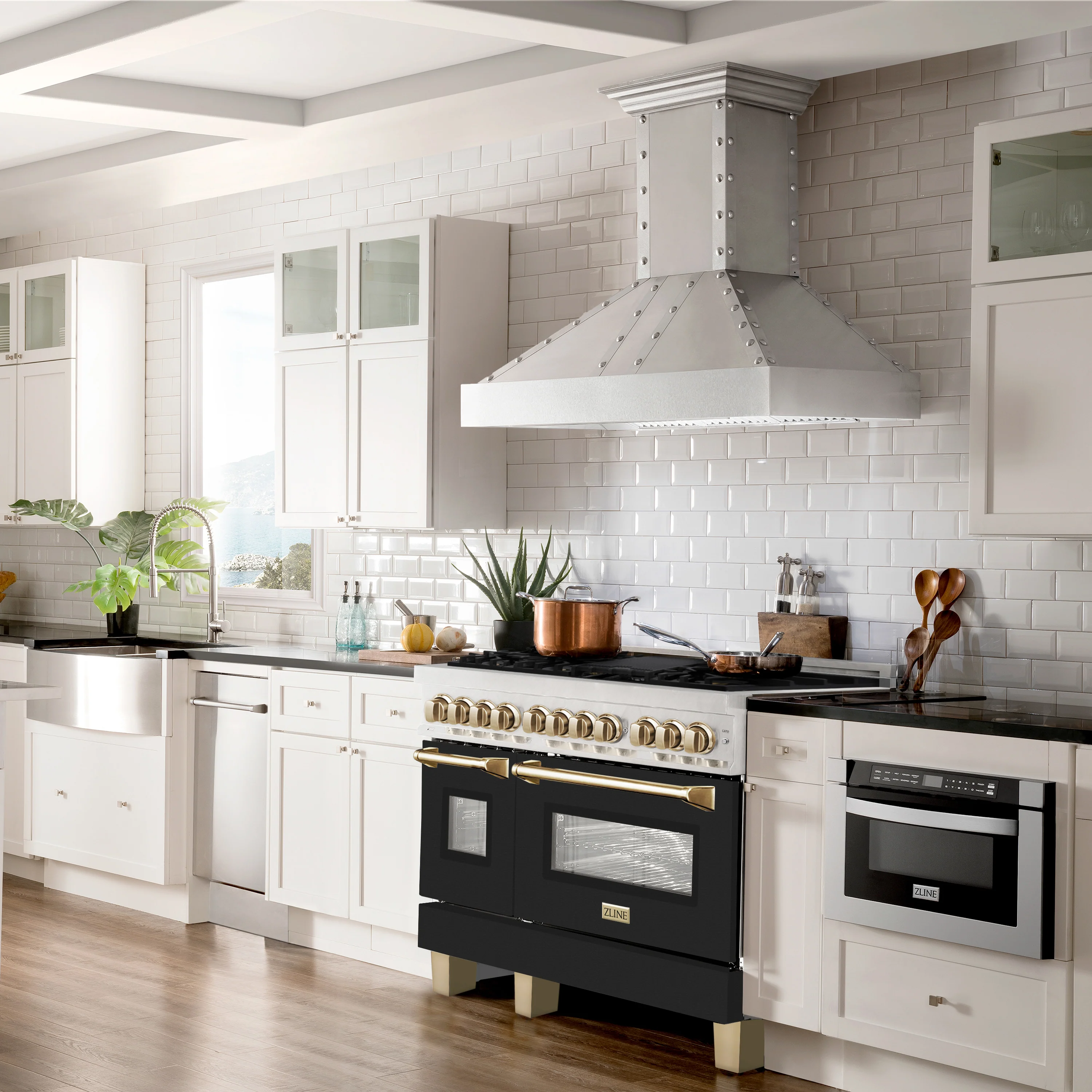 ZLINE Autograph Edition 48 in. 6.0 cu. ft. Legacy Dual Fuel Range with 7 Burner Gas Cooktop and 2 Electric Ovens in Satin Stainless Steel with Black Matte Doors and Champagne Bronze Accents (RASZ-BLM-48-CB) - Image 2