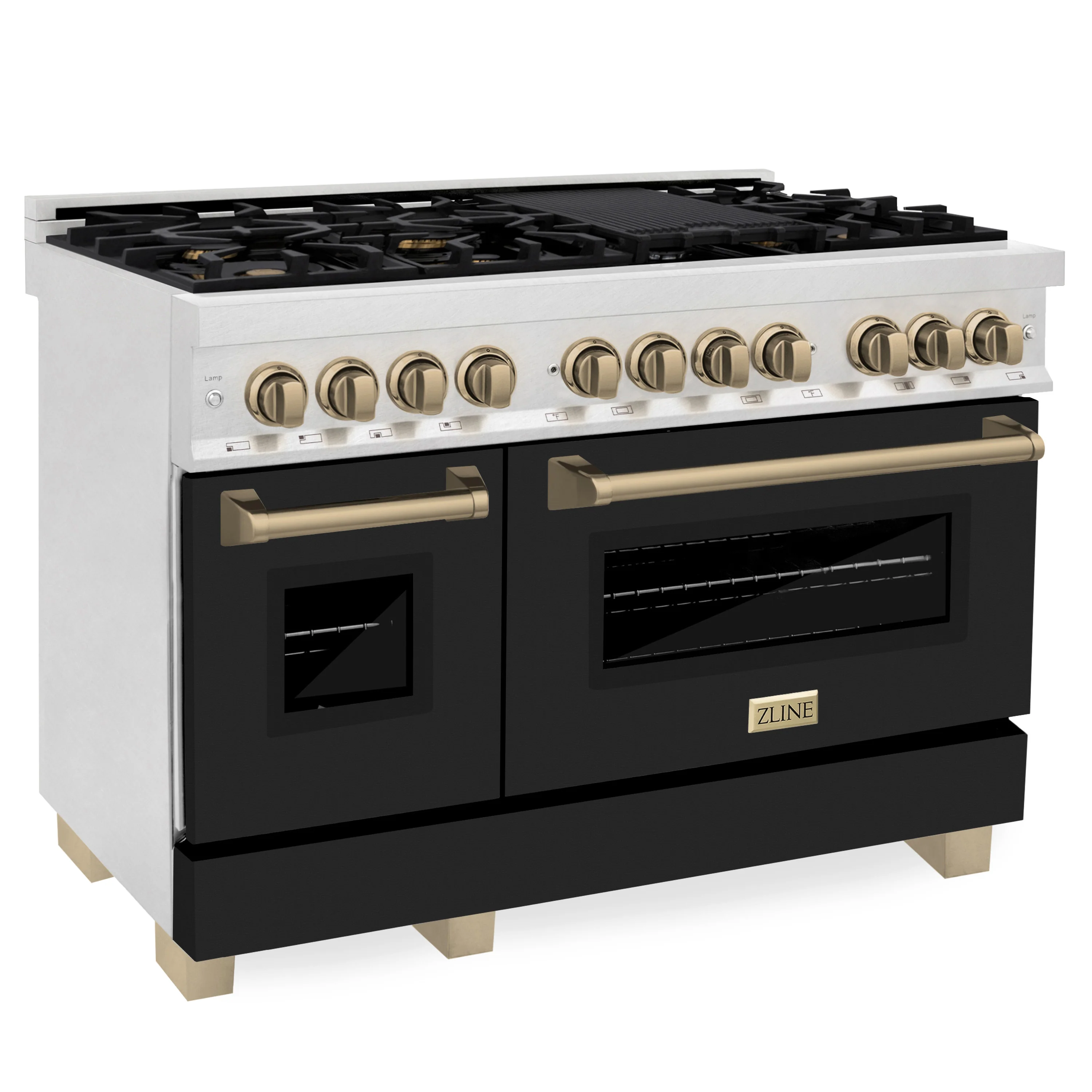 ZLINE Autograph Edition 48 in. 6.0 cu. ft. Legacy Dual Fuel Range with 7 Burner Gas Cooktop and 2 Electric Ovens in Satin Stainless Steel with Black Matte Doors and Champagne Bronze Accents (RASZ-BLM-48-CB) - Image 3