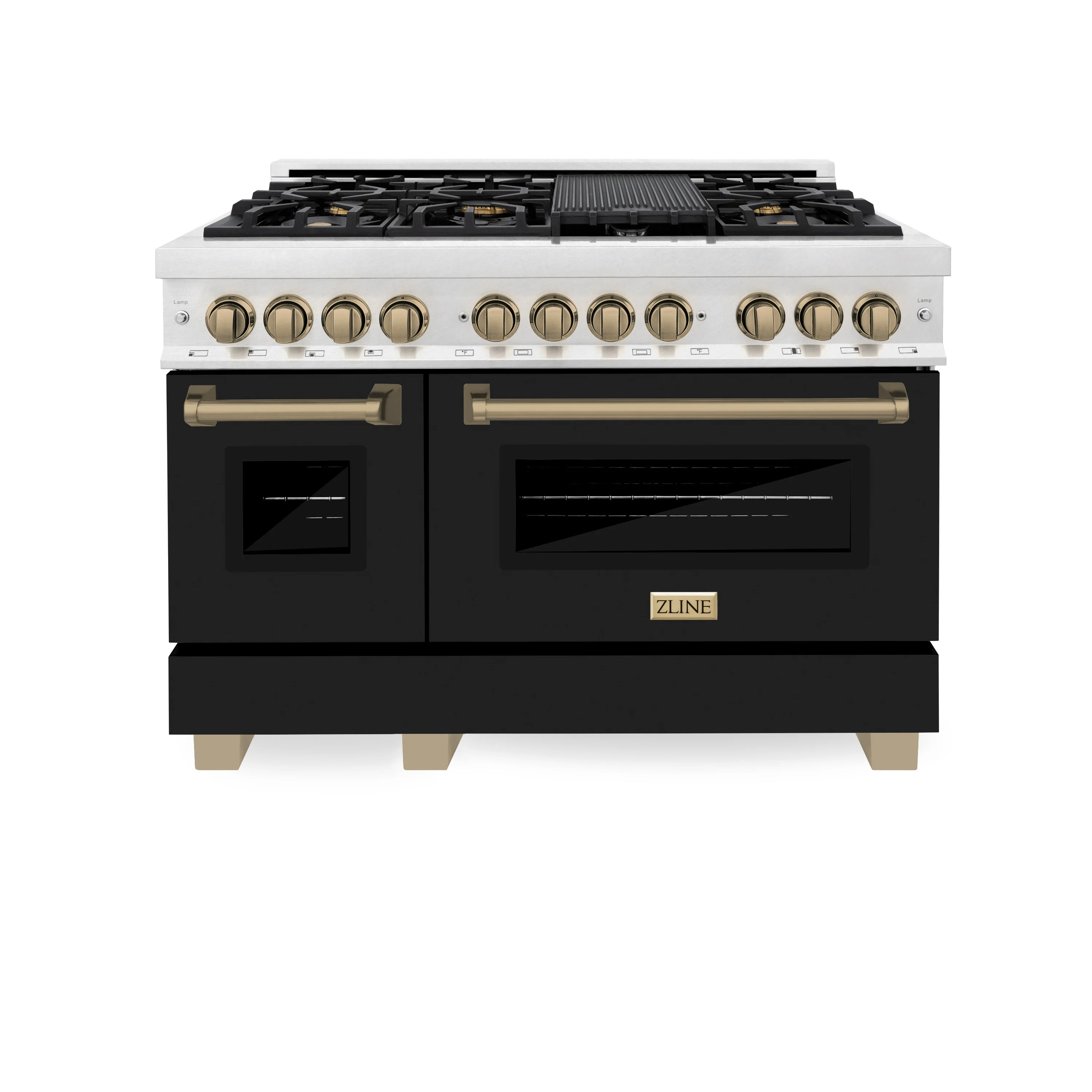 ZLINE Autograph Edition 48 in. 6.0 cu. ft. Legacy Dual Fuel Range with 7 Burner Gas Cooktop and 2 Electric Ovens in Satin Stainless Steel with Black Matte Doors and Champagne Bronze Accents (RASZ-BLM-48-CB) - Image 5