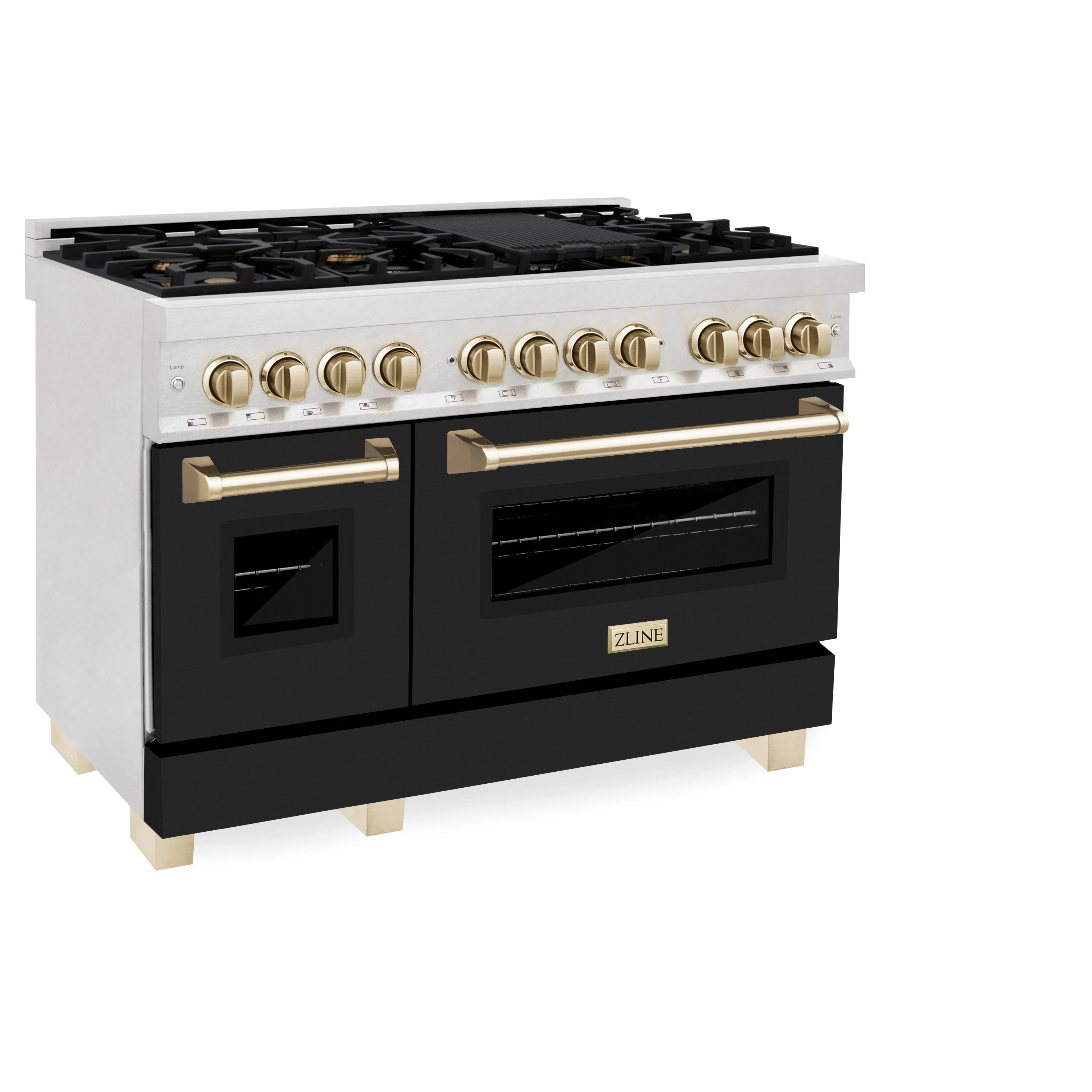 ZLINE Autograph Edition 48 in. 6.0 cu. ft. Legacy Dual Fuel Range with 7 Burner Gas Cooktop and 2 Electric Ovens in Satin Stainless Steel with Black Matte Doors and Polished Gold Accents (RASZ-BLM-48-G) - Image 3