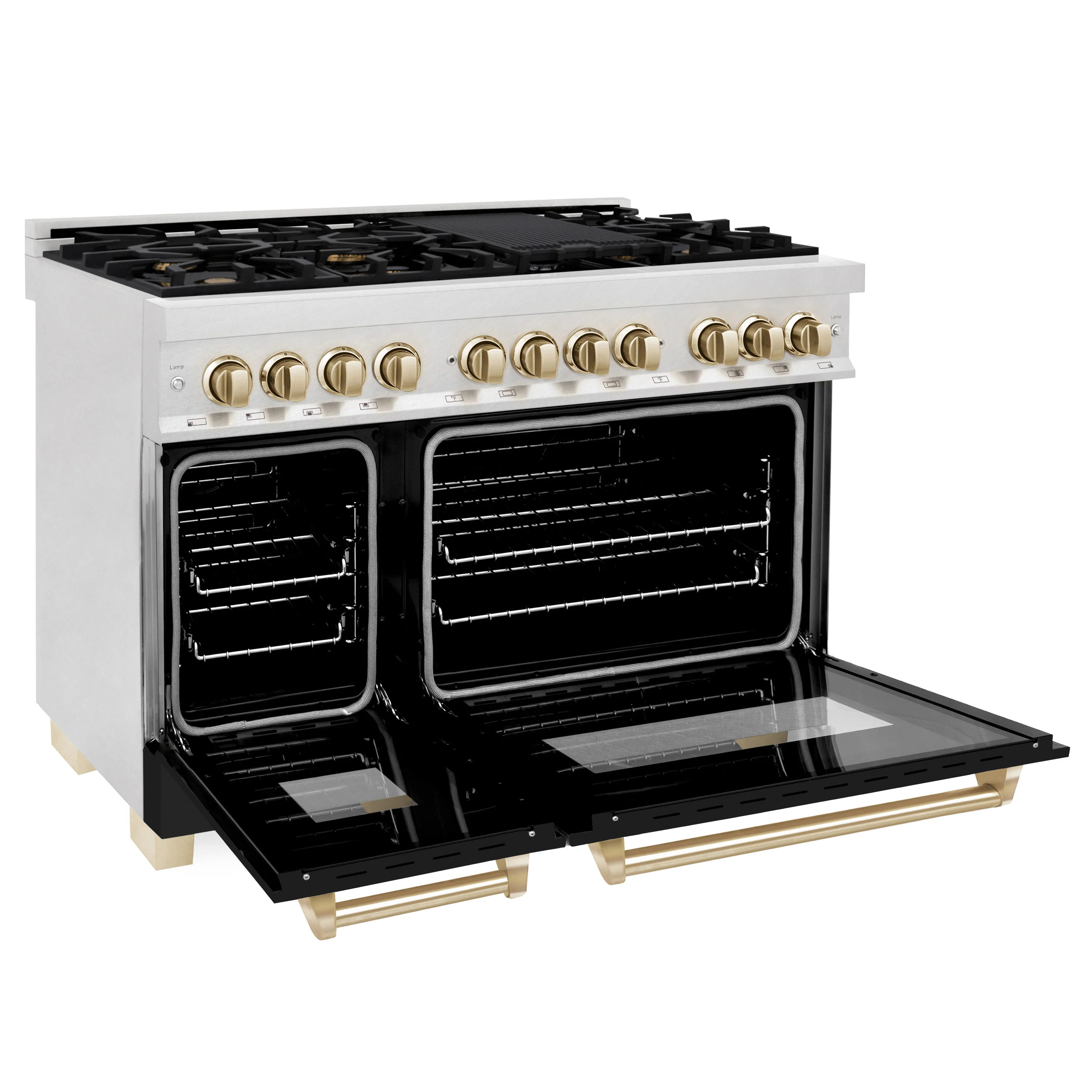 ZLINE Autograph Edition 48 in. 6.0 cu. ft. Legacy Dual Fuel Range with 7 Burner Gas Cooktop and 2 Electric Ovens in Satin Stainless Steel with Black Matte Doors and Polished Gold Accents (RASZ-BLM-48-G) - Image 4