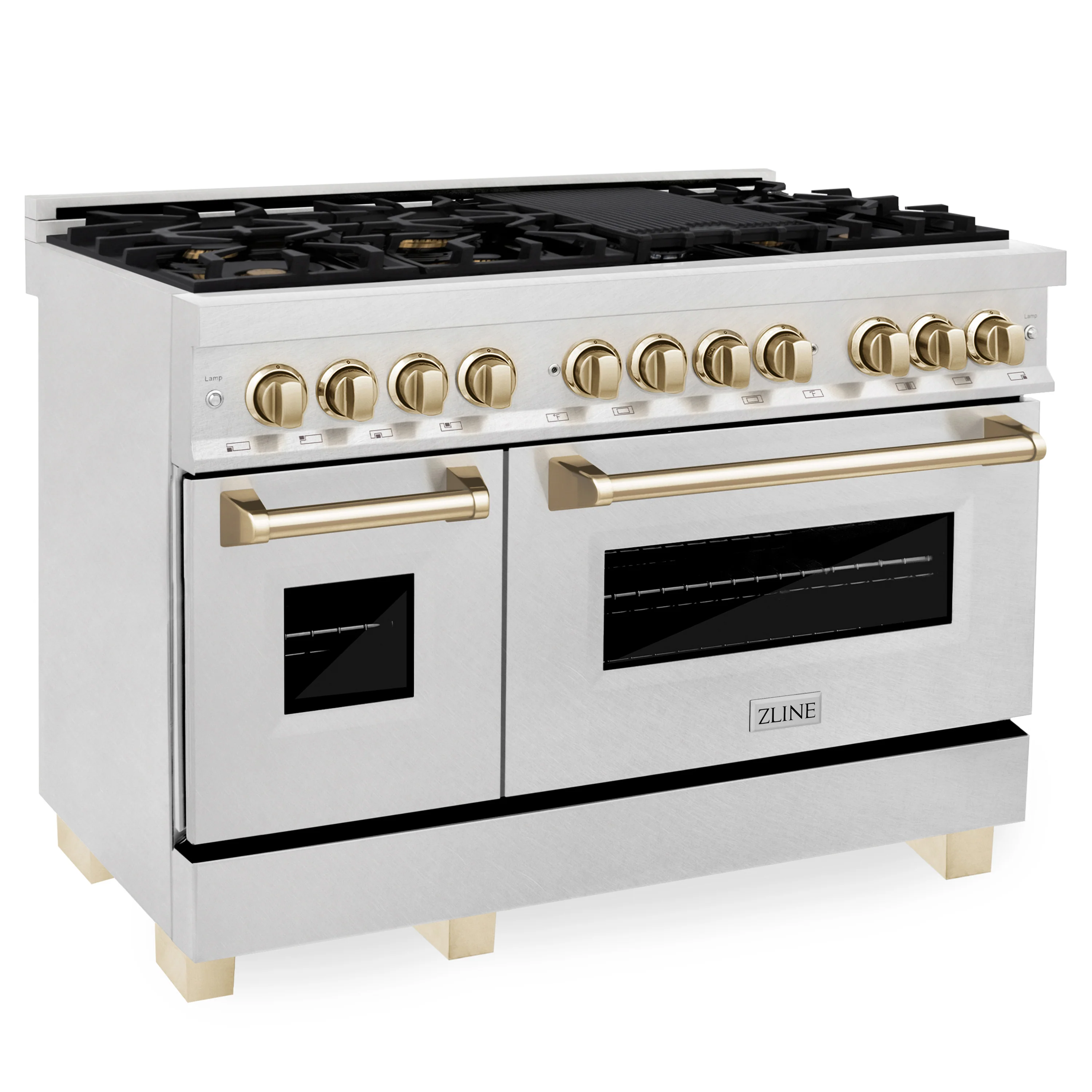 ZLINE Autograph Edition 48 in. 6.0 cu. ft. Legacy Dual Fuel Range with 7 Burner Gas Cooktop and 2 Electric Ovens in Satin Stainless Steel and Polished Gold Accents (RASZ-SN-48-G)