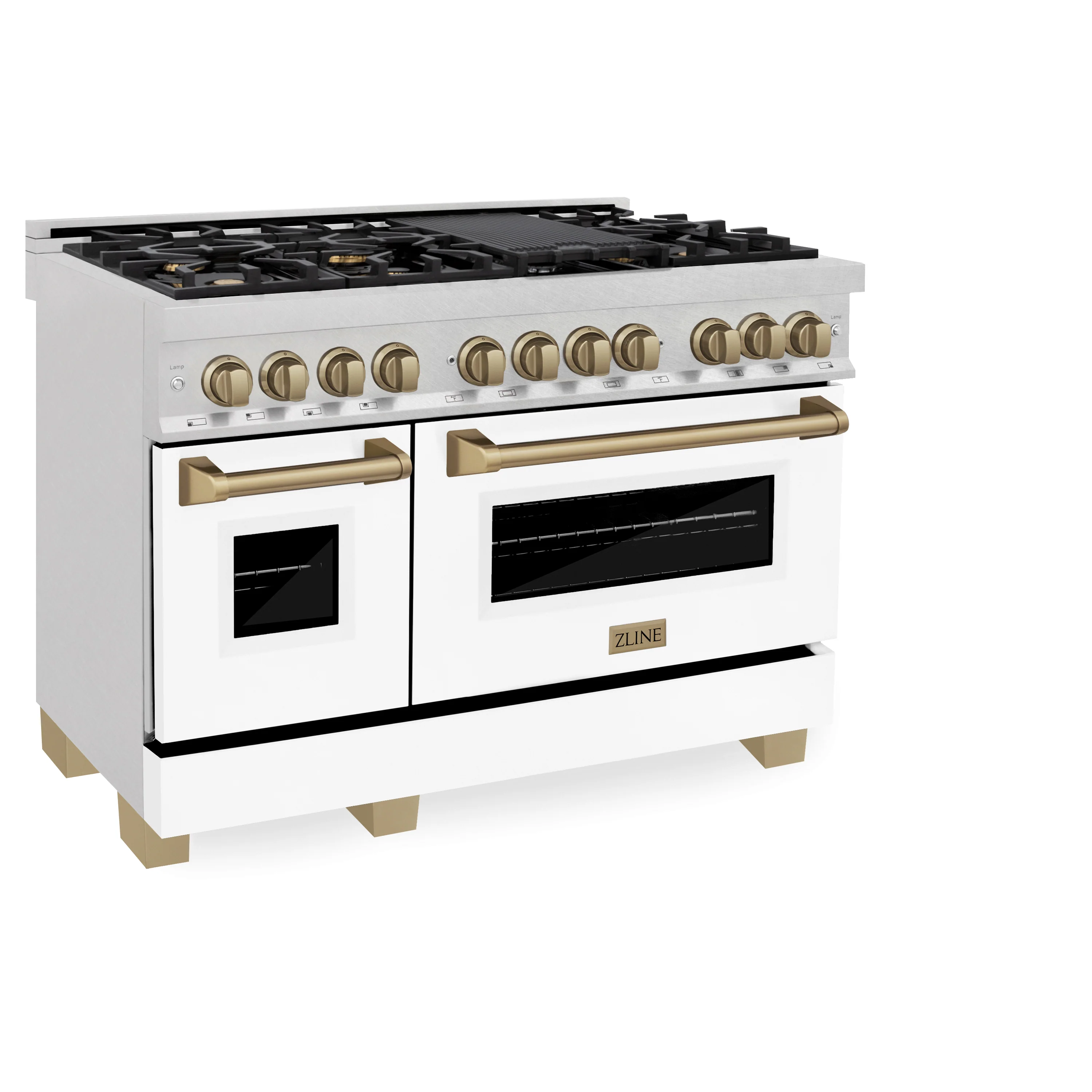 ZLINE Autograph Edition 48 in. 6.0 cu. ft. Legacy Dual Fuel Range with 7 Burner Gas Cooktop and 2 Electric Ovens in Satin Stainless Steel with White Matte Doors and Champagne Bronze Accents (RASZ-WM-48-CB) - Image 3