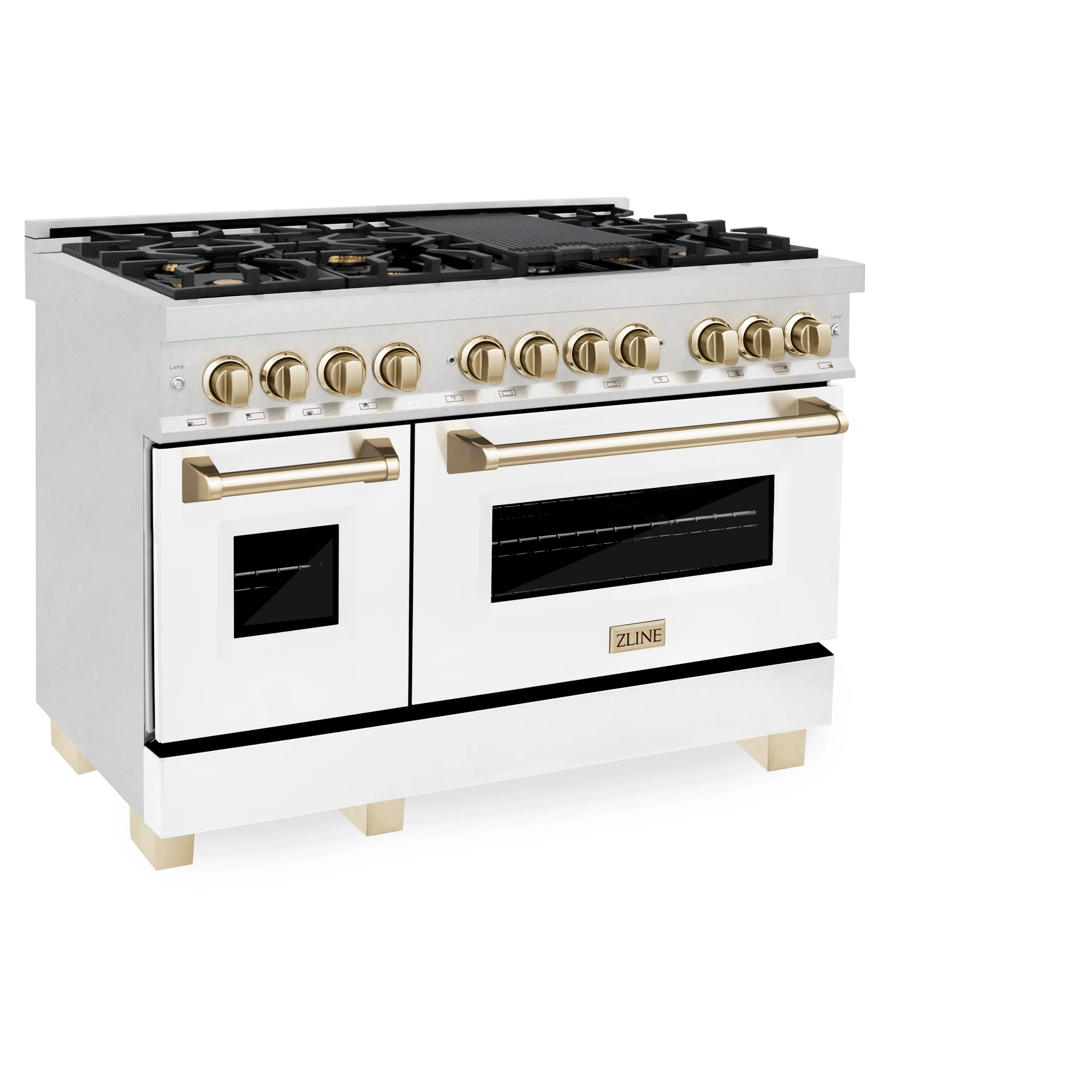 ZLINE Autograph Edition 48 in. 6.0 cu. ft. Legacy Dual Fuel Range with 7 Burner Gas Cooktop and 2 Electric Ovens in Satin Stainless Steel with White Matte Doors and Polished Gold Accents (RASZ-WM-48-G) - Image 3