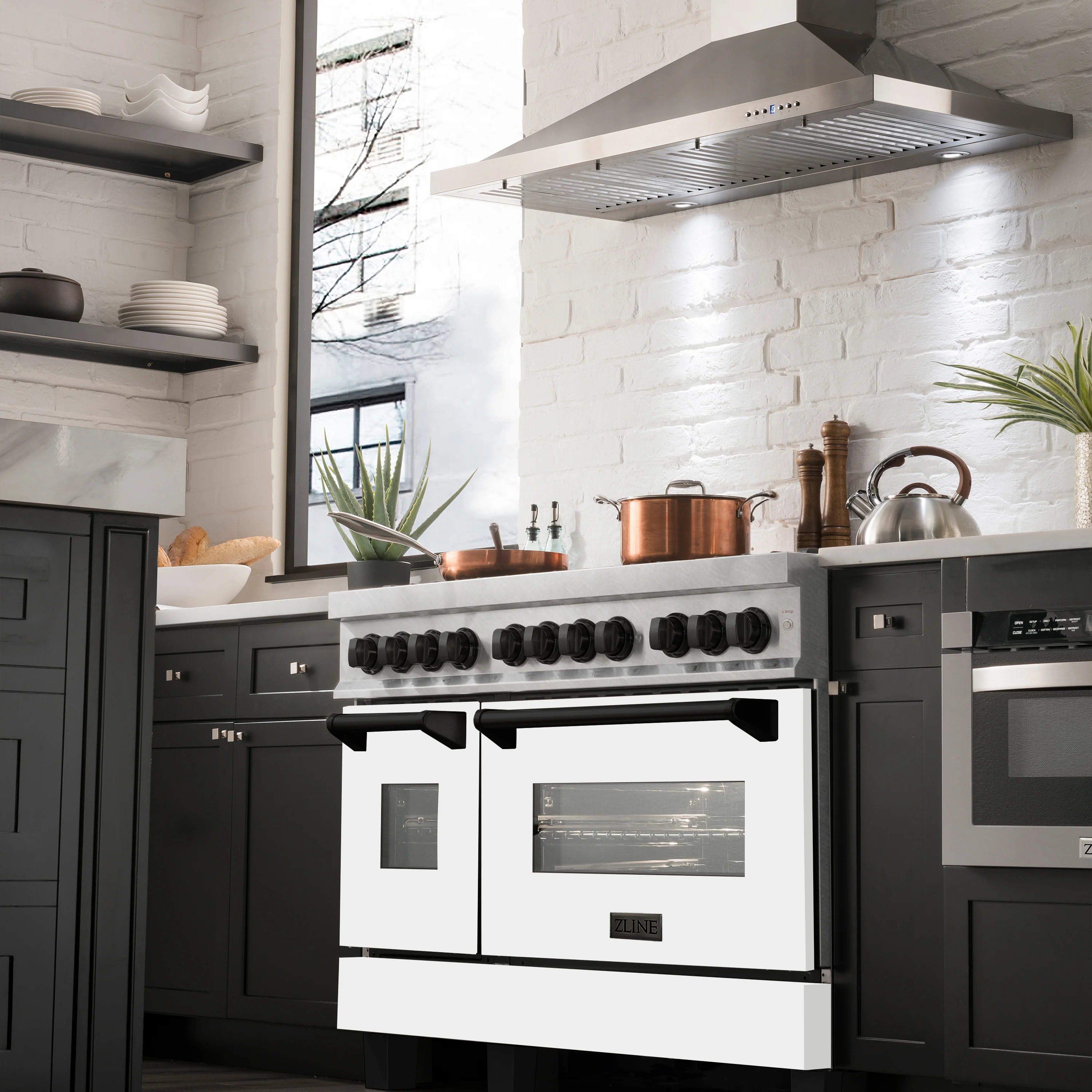 ZLINE Autograph Edition 48 in. 6.0 cu. ft. Legacy Dual Fuel Range with 7 Burner Gas Cooktop and 2 Electric Ovens in Satin Stainless Steel with White Matte Doors and Matte Black Accents (RASZ-WM-48-MB) - Image 2