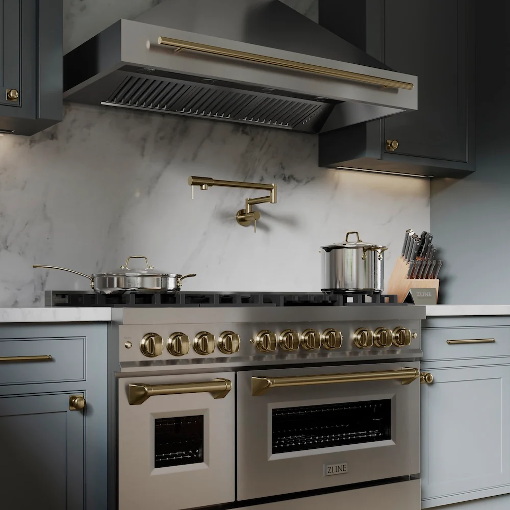 ZLINE Autograph Edition 48 in. 6.0 cu. ft. Legacy Dual Fuel Range with 7 Burner Gas Cooktop and 2 Electric Ovens in Stainless Steel and Champagne Bronze Accents (RAZ-48-CB) - Image 21
