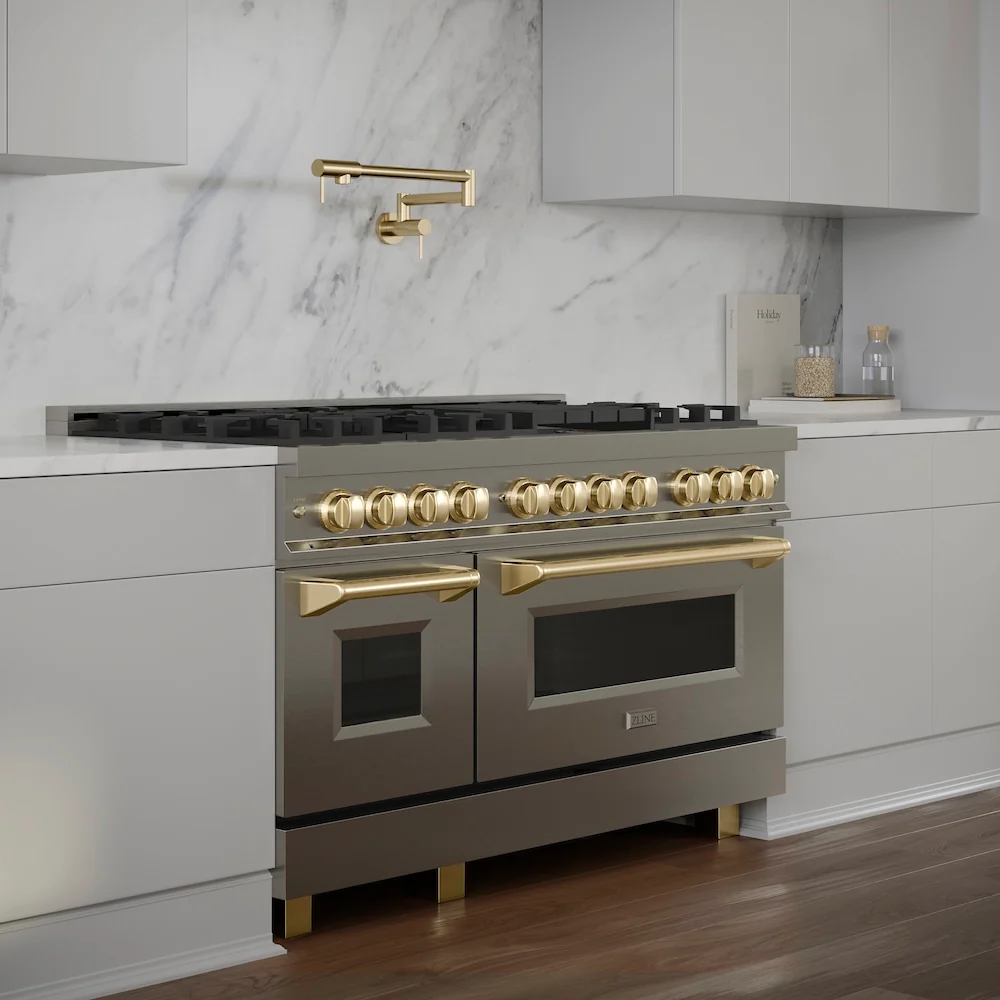 ZLINE Autograph Edition 48 in. 6.0 cu. ft. Legacy Dual Fuel Range with 7 Burner Gas Cooktop and 2 Electric Ovens in Stainless Steel and Polished Gold Accents (RAZ-48-G) - Image 16