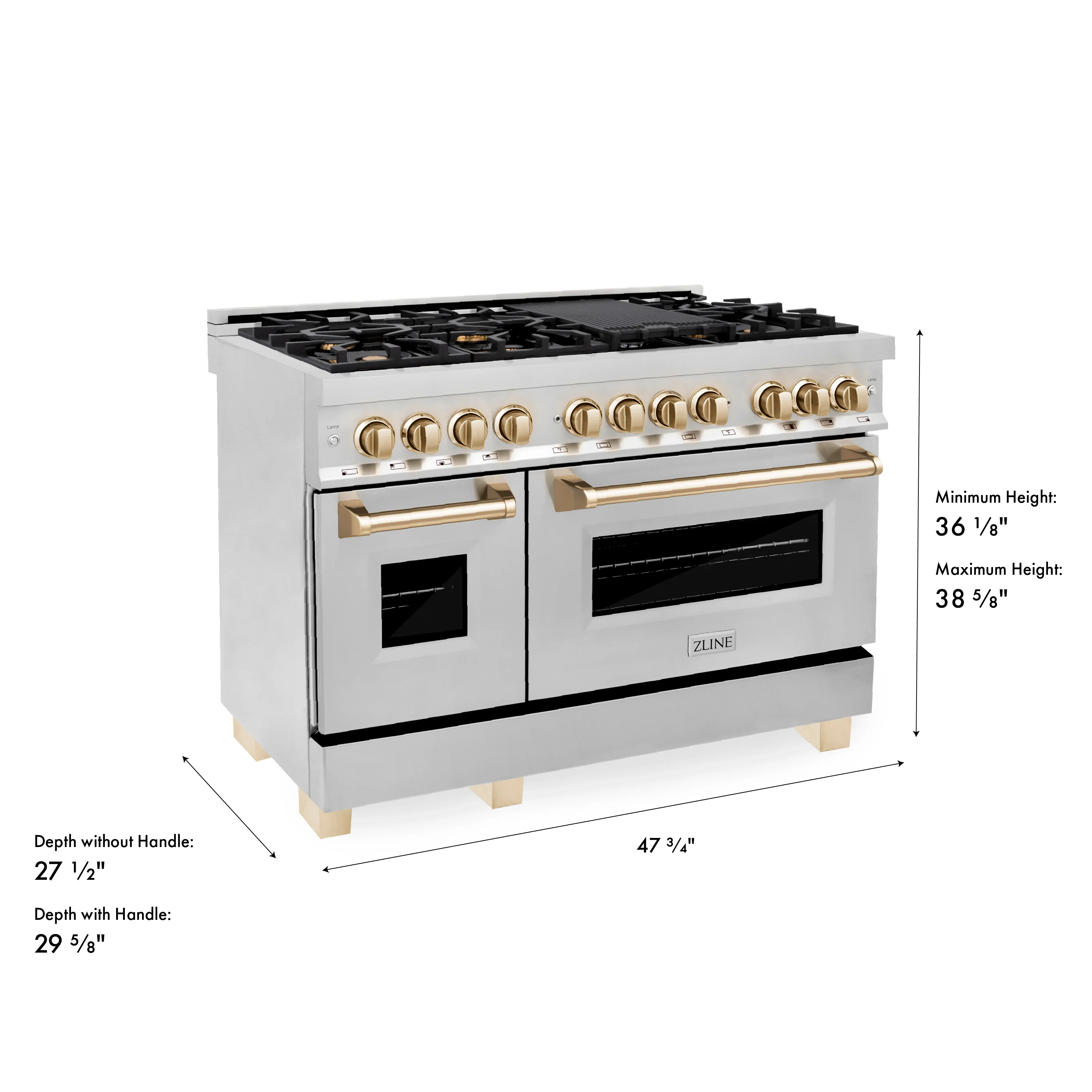 ZLINE Autograph Edition 48 in. 6.0 cu. ft. Legacy Dual Fuel Range with 7 Burner Gas Cooktop and 2 Electric Ovens in Stainless Steel and Polished Gold Accents (RAZ-48-G) - Image 23