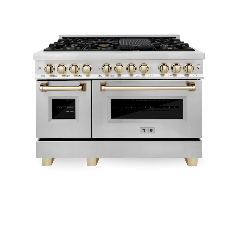 ZLINE Autograph Edition 48 in. 6.0 cu. ft. Legacy Dual Fuel Range with 7 Burner Gas Cooktop and 2 Electric Ovens in Stainless Steel and Polished Gold Accents (RAZ-48-G) - Image 3