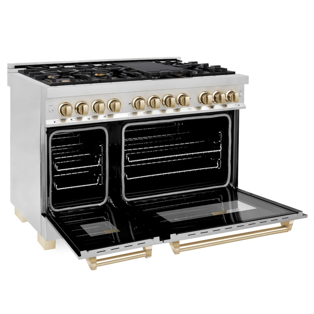 ZLINE Autograph Edition 48 in. 6.0 cu. ft. Legacy Dual Fuel Range with 7 Burner Gas Cooktop and 2 Electric Ovens in Stainless Steel and Polished Gold Accents (RAZ-48-G) - Image 5