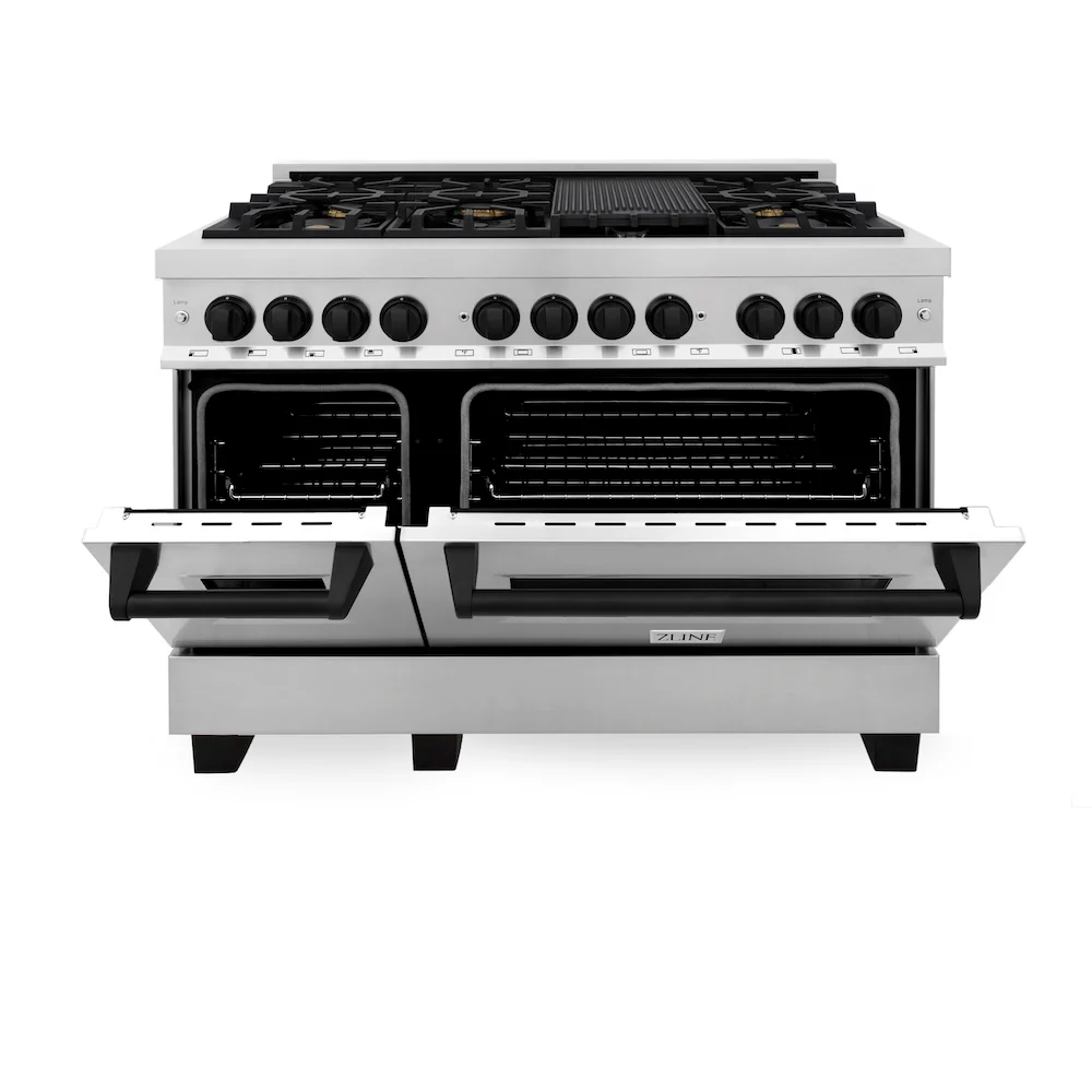 ZLINE Autograph Edition 48 in. 6.0 cu. ft. Legacy Dual Fuel Range with 7 Burner Gas Cooktop and 2 Electric Ovens in Stainless Steel and Matte Black Accents (RAZ-48-MB) - Image 3