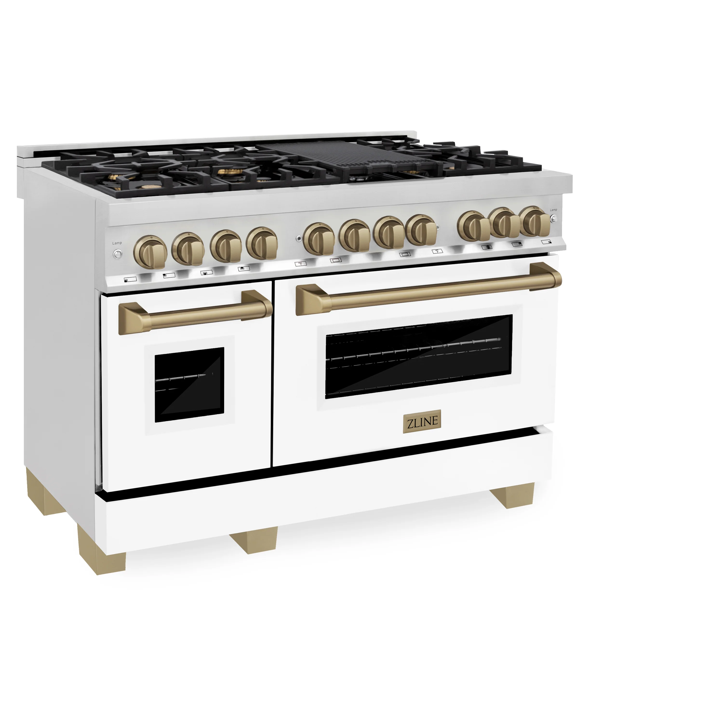 ZLINE Autograph Edition 48 in. 6.0 cu. ft. Legacy Dual Fuel Range with 7 Burner Gas Cooktop and 2 Electric Ovens in Stainless Steel with White Matte Doors and Champagne Bronze Accents (RAZ-WM-48-CB) - Image 3