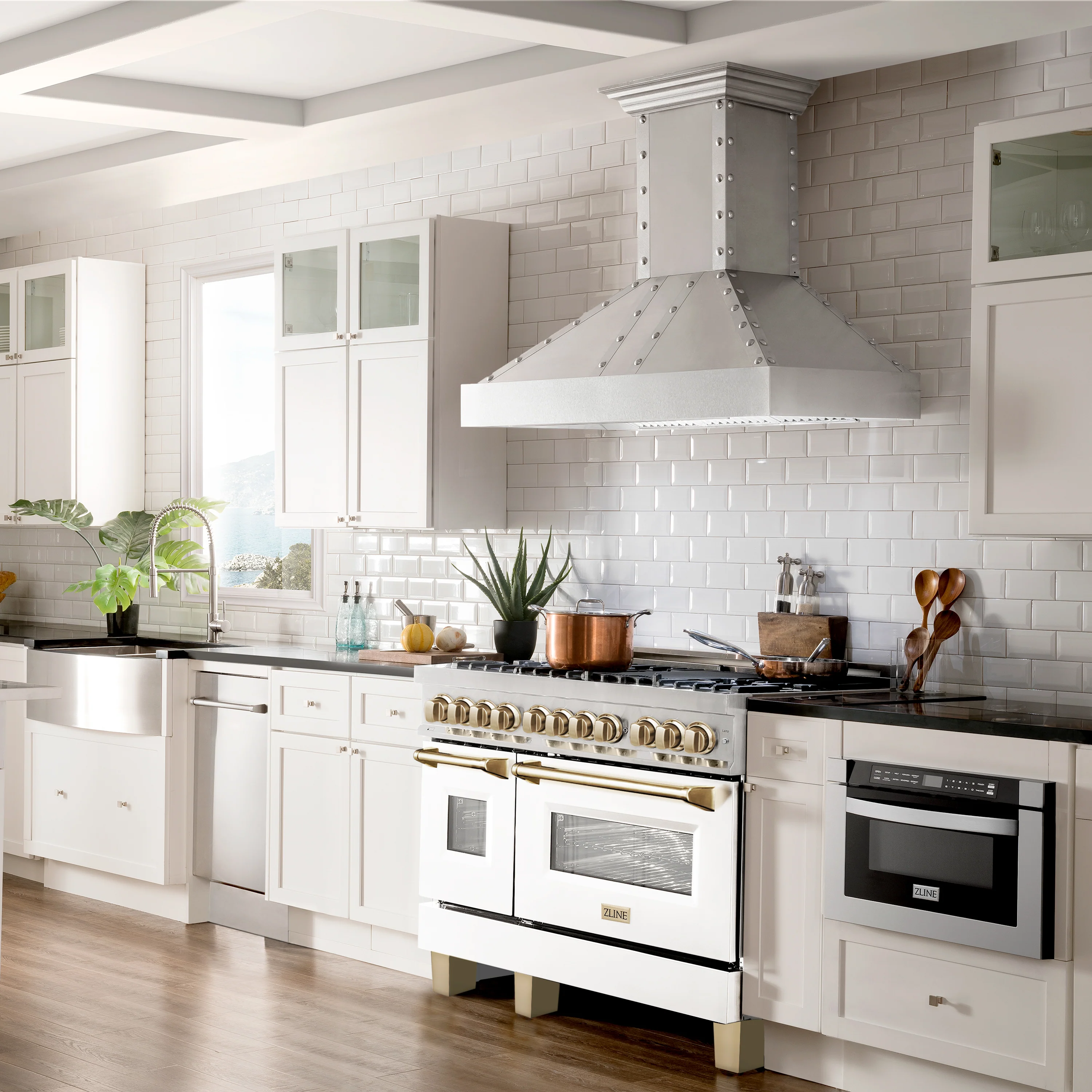 ZLINE Autograph Edition 48 in. 6.0 cu. ft. Legacy Dual Fuel Range with 7 Burner Gas Cooktop and 2 Electric Ovens in Stainless Steel with White Matte Doors and Polished Gold Accents (RAZ-WM-48-G) - Image 2
