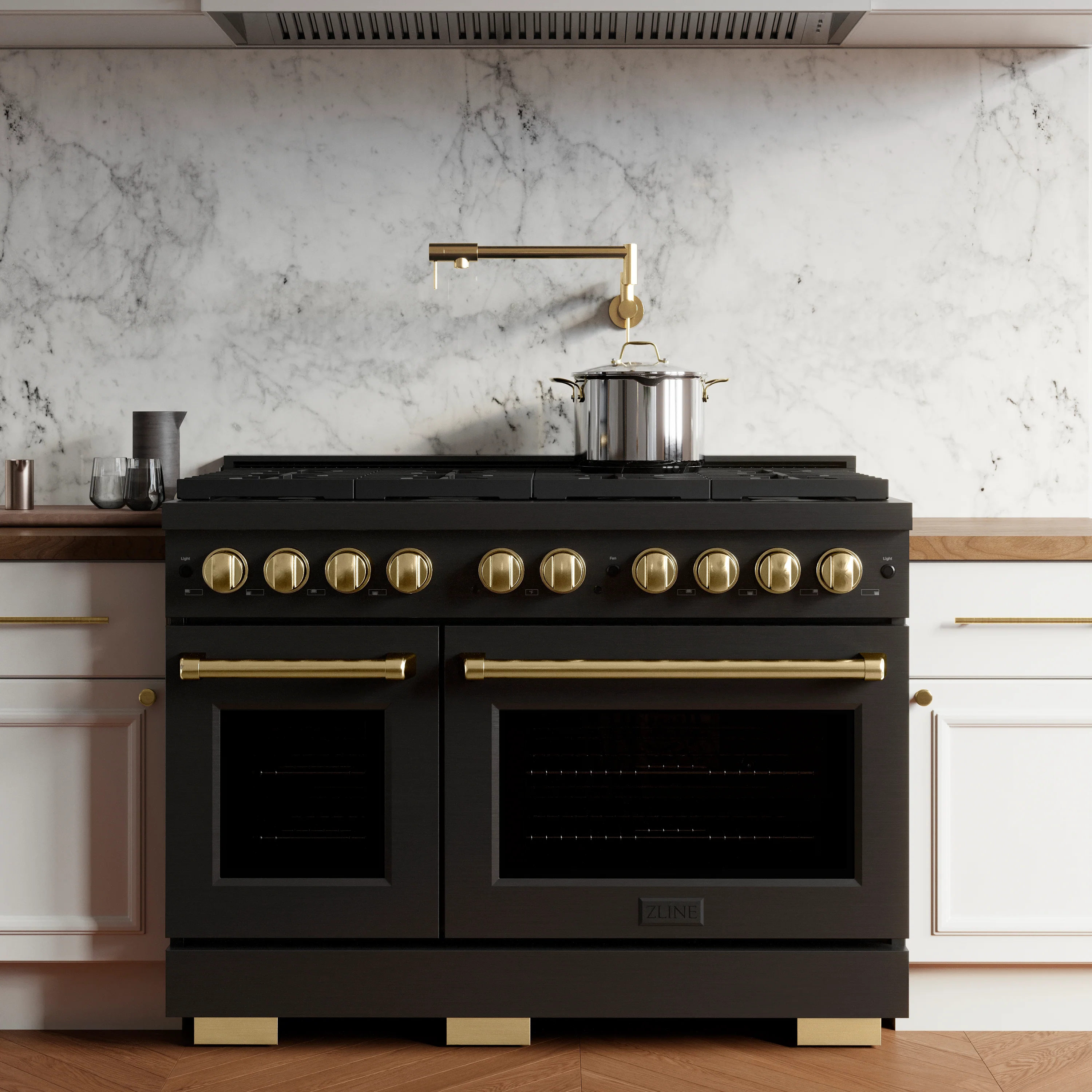 ZLINE Autograph Edition 48 in. 6.7 cu. ft. Paramount Double Oven Dual Fuel Range with 8 Burner Gas Cooktop in Black Stainless Steel and Polished Gold Accents (SDRBZ-48-G) - Image 2