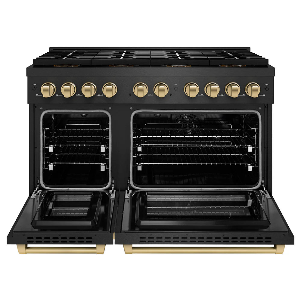 ZLINE Autograph Edition 48 in. 6.7 cu. ft. Paramount Dual Fuel Range with 8 Burner DuoPro™ Cooktop and Dual Ovens in Black Satin Stainless Steel and Champagne Bronze Accents (PSDRBSZ-48-CB) - Image 4