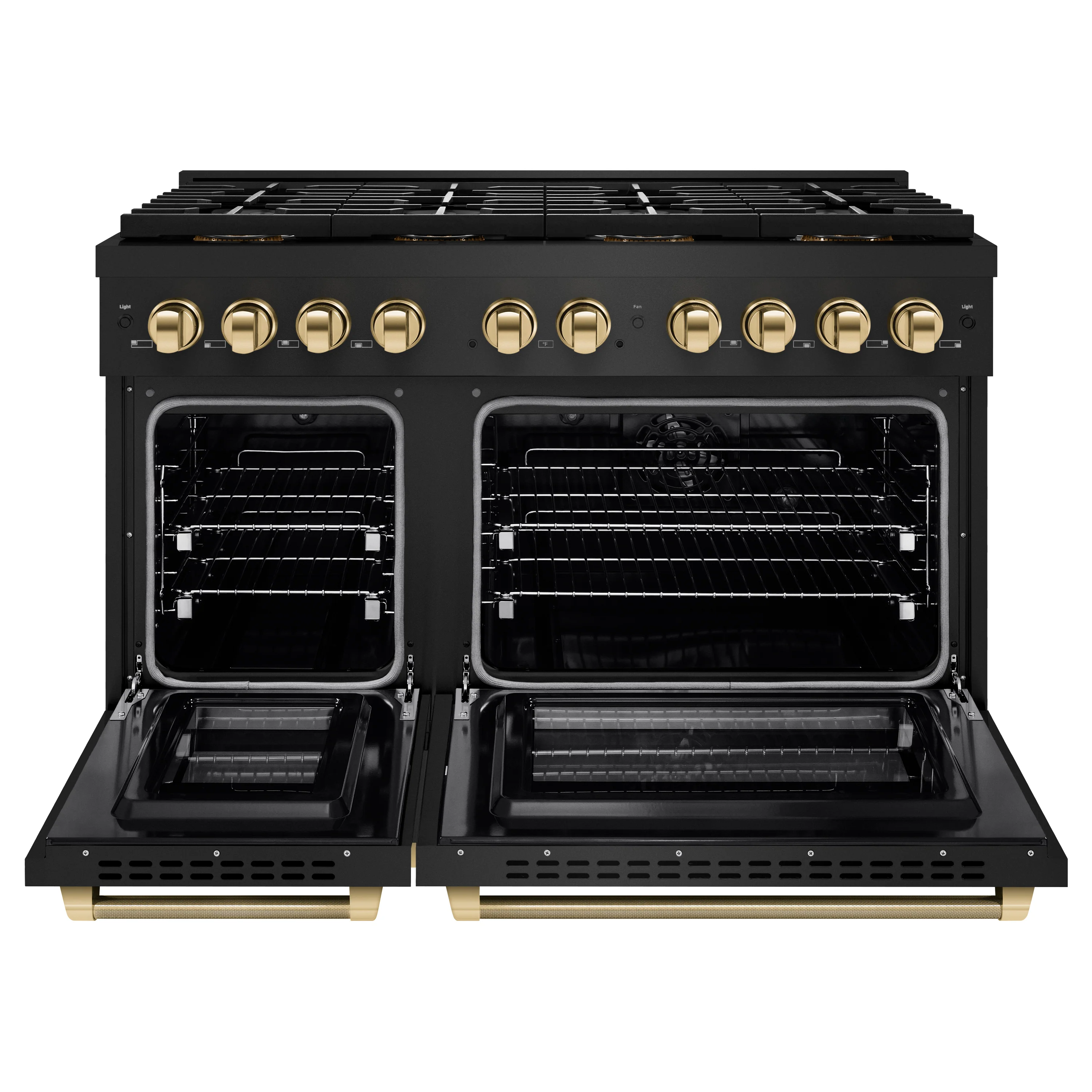 ZLINE Autograph Edition 48 in. 6.7 cu. ft. Paramount Dual Fuel Range with 8 Burner DuoPro™ Cooktop and Dual Ovens in Black Stainless Steel with Polished Gold Helix Handles and Accents (PSDRBZ-48-KG) - Image 4