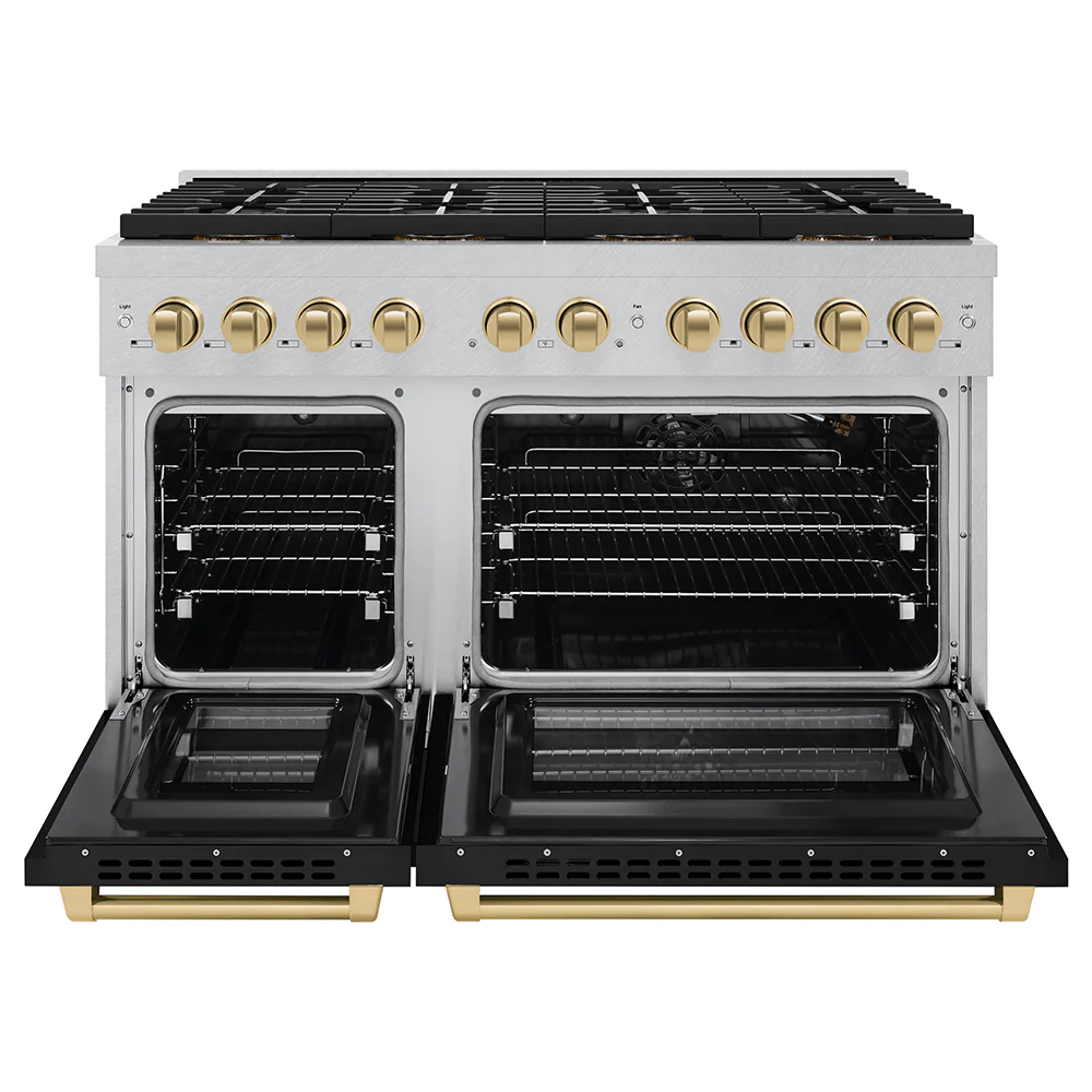 ZLINE Autograph Edition 48 in. 6.7 cu. ft. Paramount Dual Fuel Range with 8 Burner DuoPro™ Cooktop and Dual Ovens in Satin Stainless Steel with Black Matte Doors and Champagne Bronze Accents (PSDRSZ-BLM48-CB) - Image 4