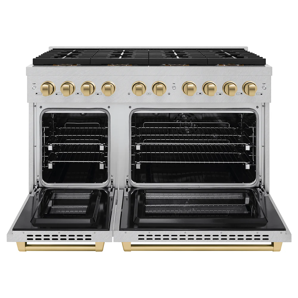 ZLINE Autograph Edition 48 in. 6.7 cu. ft. Paramount Dual Fuel Range with 8 Burner DuoPro™ Cooktop and Dual Ovens in Satin Stainless Steel and Champagne Bronze Accents (PSDRSZ-48-CB) - Image 3