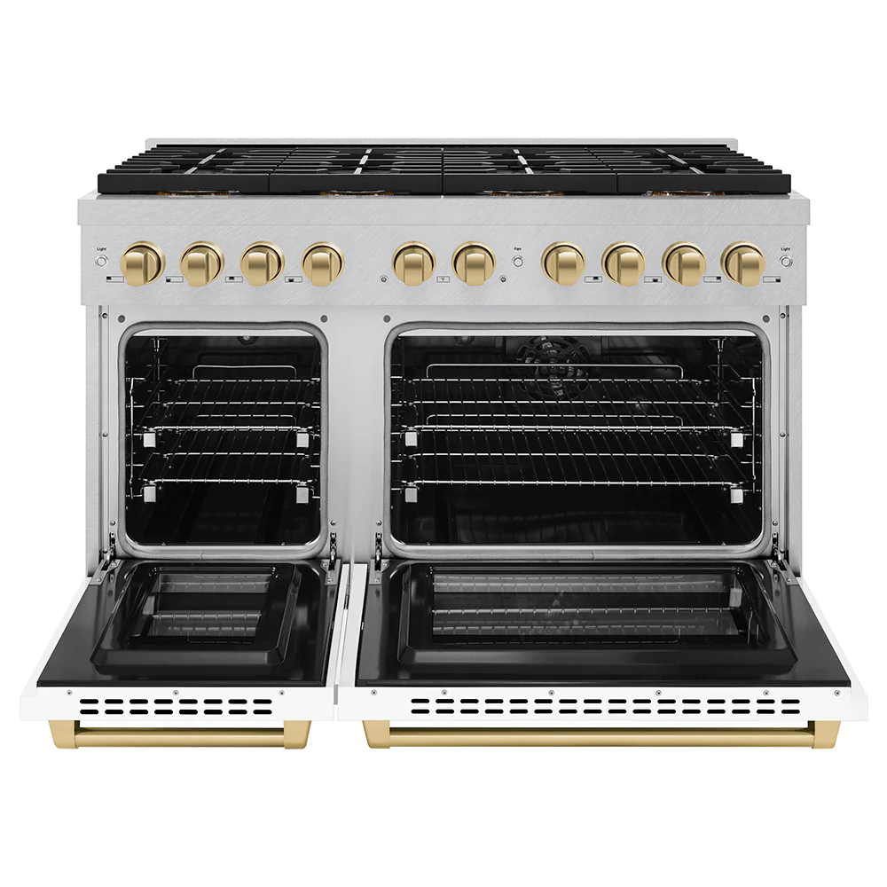 ZLINE Autograph Edition 48 in. 6.7 cu. ft. Paramount Dual Fuel Range with 8 Burner DuoPro™ Cooktop and Dual Ovens in Satin Stainless Steel with White Matte Doors and Champagne Bronze Accents (PSDRSZ-WM-48-CB) - Image 4