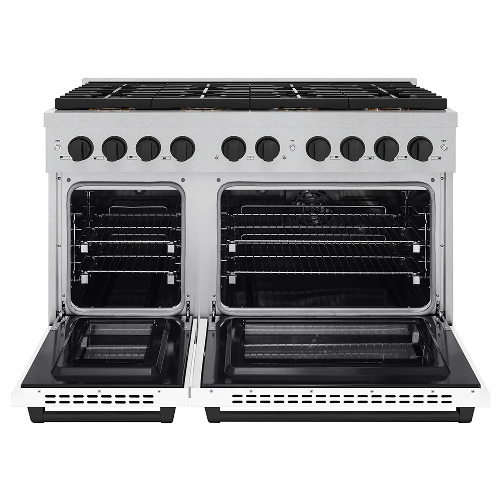ZLINE Autograph Edition 48 in. 6.7 cu. ft. Paramount Dual Fuel Range with 8 Burner DuoPro™ Cooktop and Dual Ovens in Satin Stainless Steel with White Matte Doors and Matte Black Accents (PSDRSZ-WM-48-MB) - Image 4