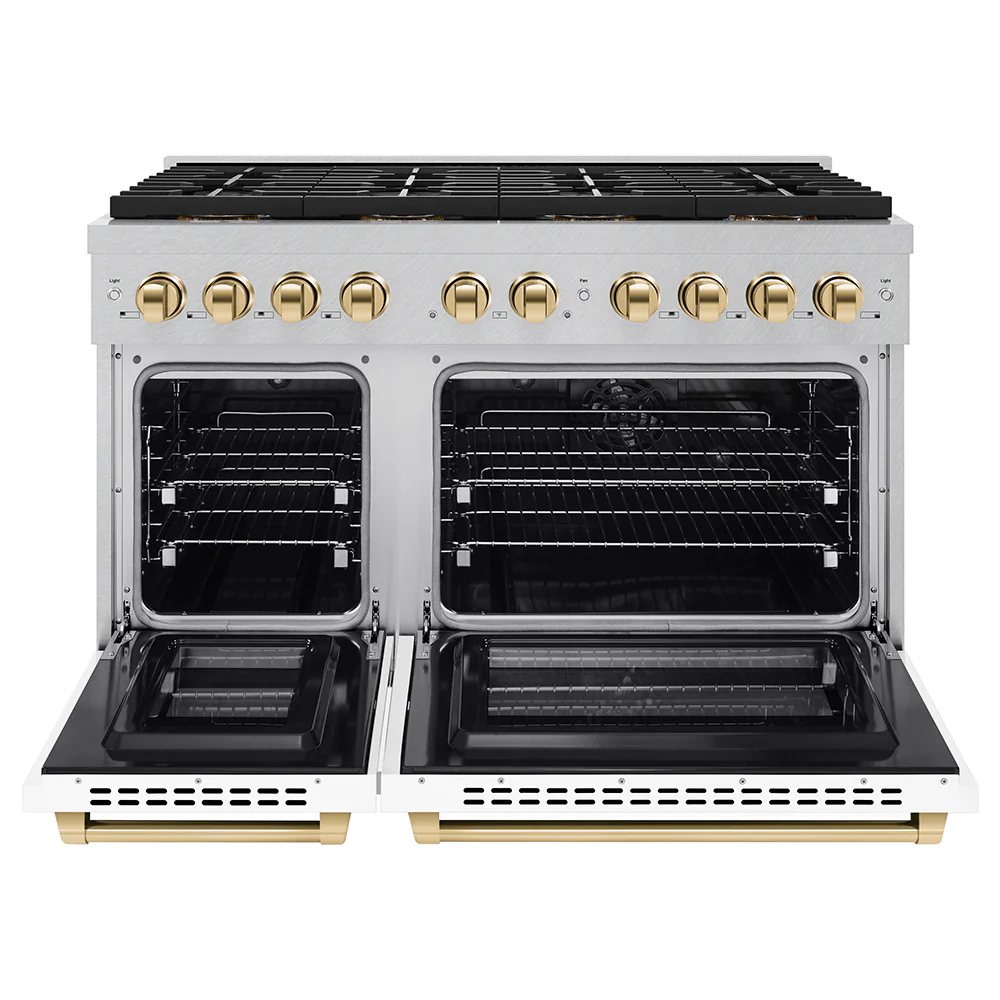 ZLINE Autograph Edition 48 in. 6.7 cu. ft. Paramount Dual Fuel Range with 8 Burner DuoPro™ Cooktop and Dual Ovens in Satin Stainless Steel with White Matte Doors and Polished Gold Accents (PSDRSZ-WM-48-G) - Image 4